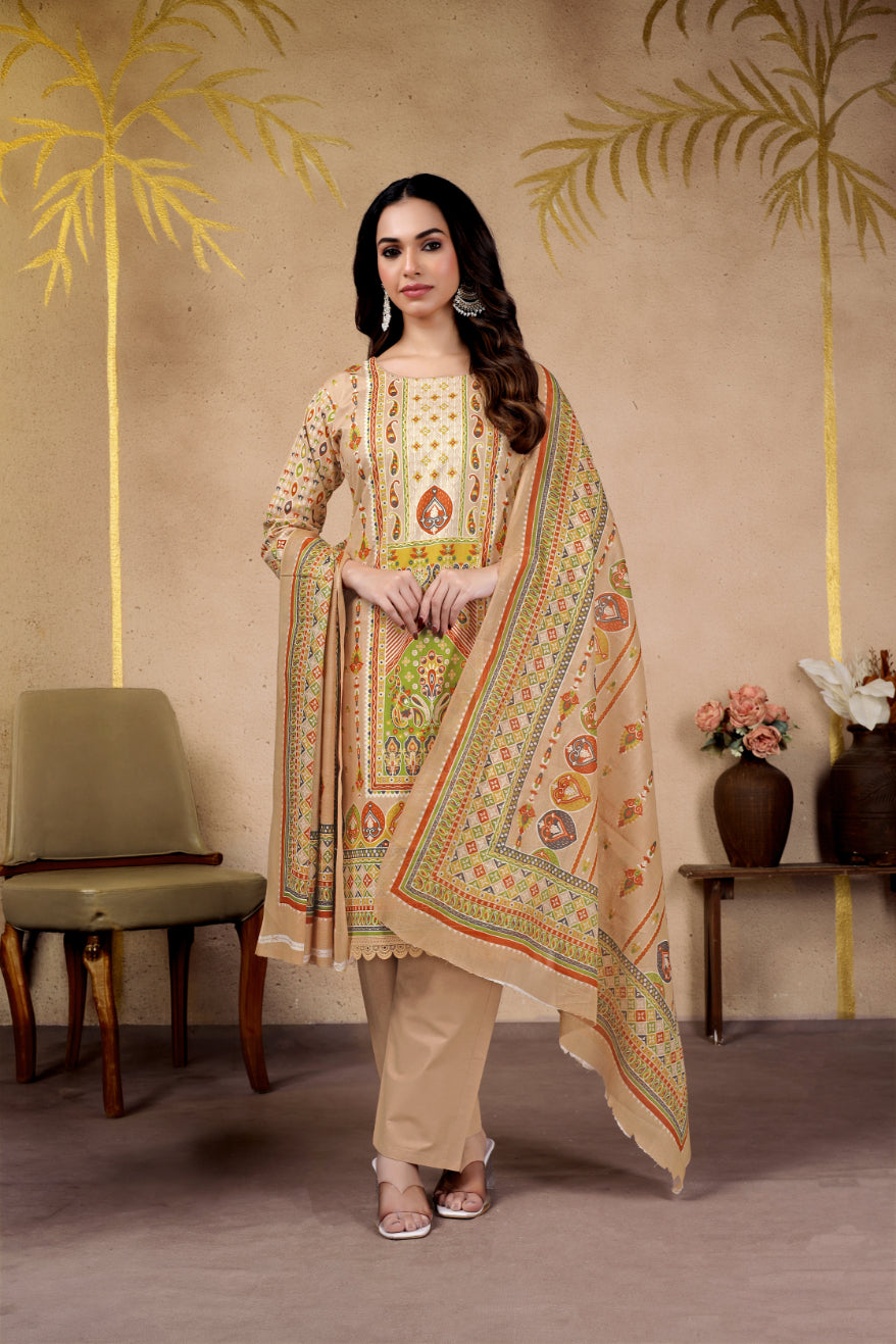 Beige Ethnic Printed Pakistani Suit Set