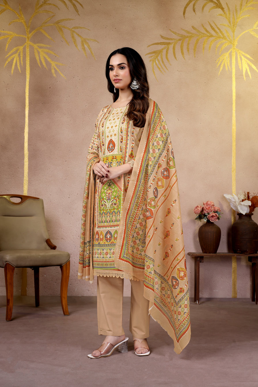 Beige Ethnic Printed Pakistani Suit Set