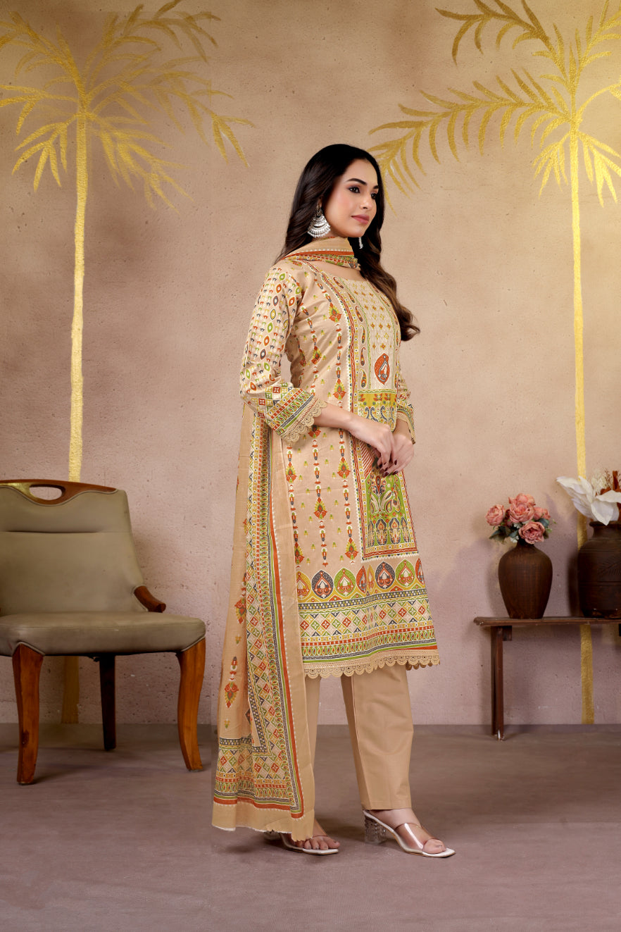 Beige Ethnic Printed Pakistani Suit Set