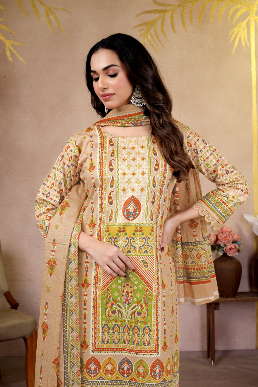 Beige Ethnic Printed Pakistani Suit Set