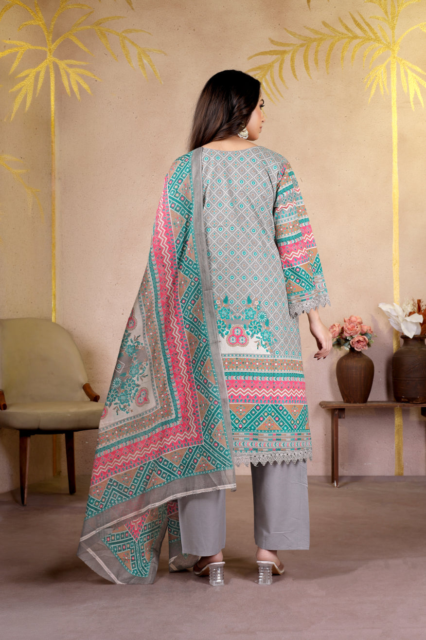 Grey Ethnic Printed Pakistani Suit Set