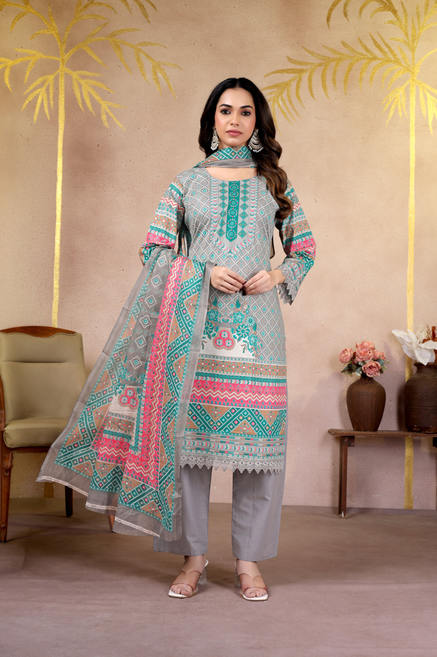 Grey Ethnic Printed Pakistani Suit Set