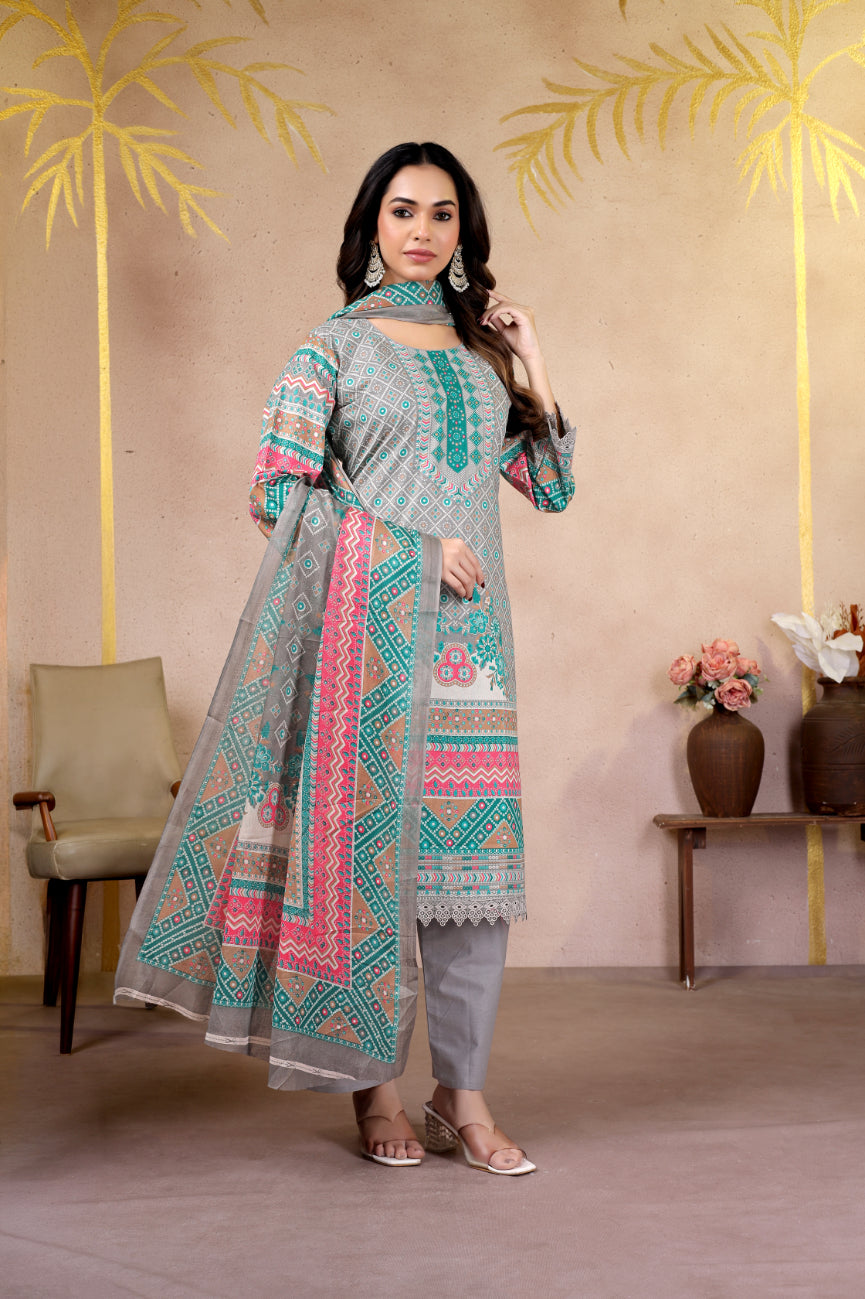 Grey Ethnic Printed Pakistani Suit Set