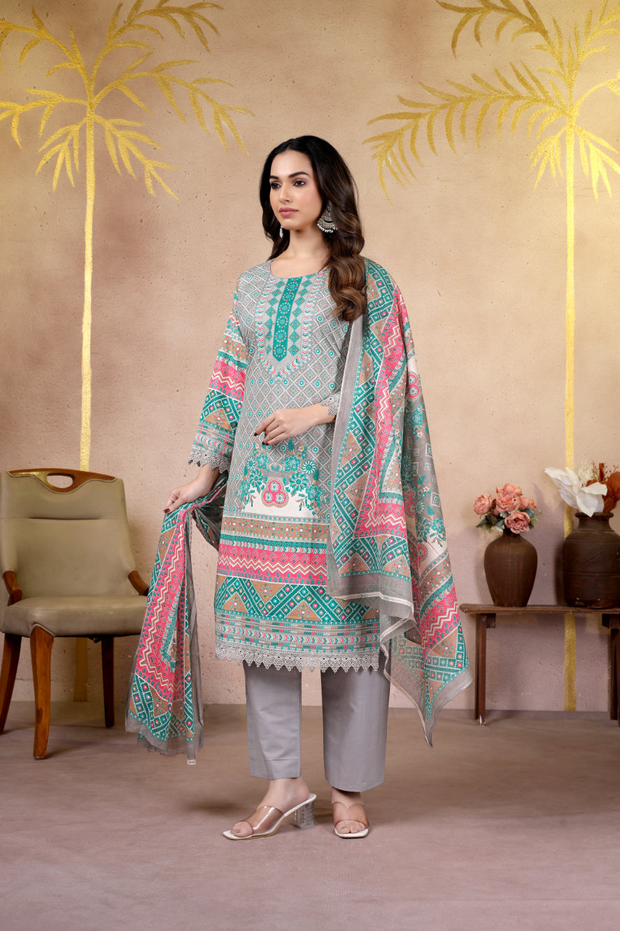 Grey Ethnic Printed Pakistani Suit Set