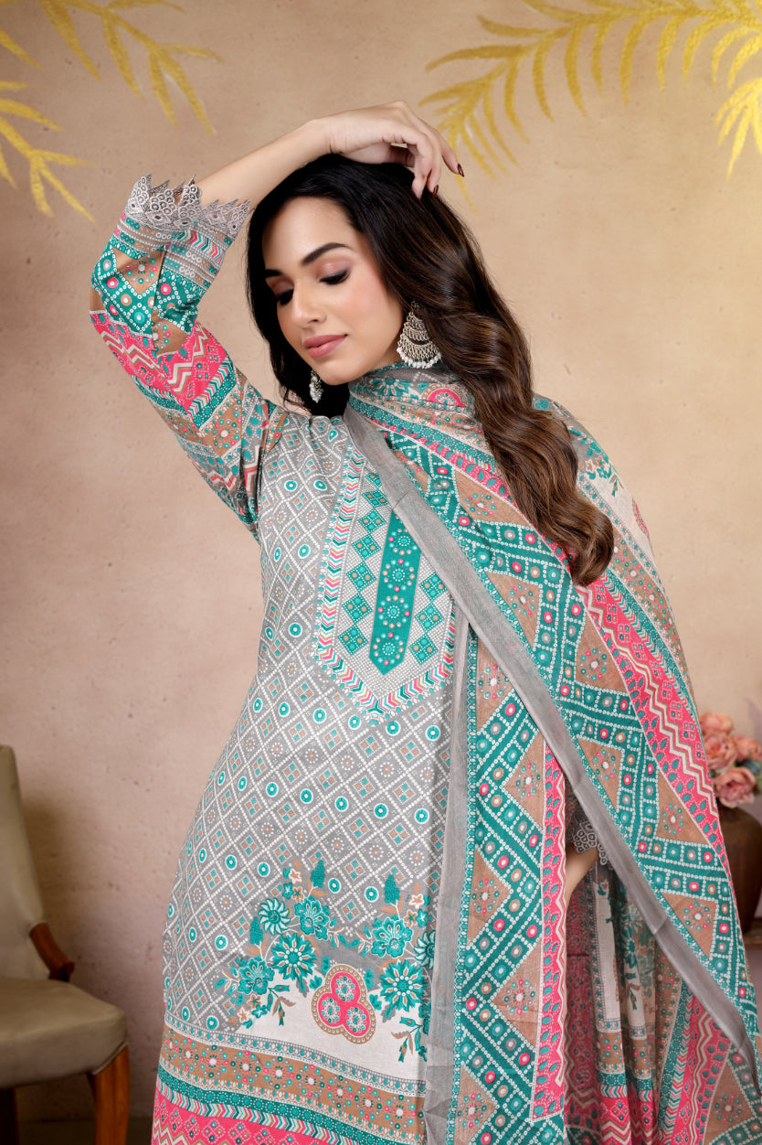 Grey Ethnic Printed Pakistani Suit Set