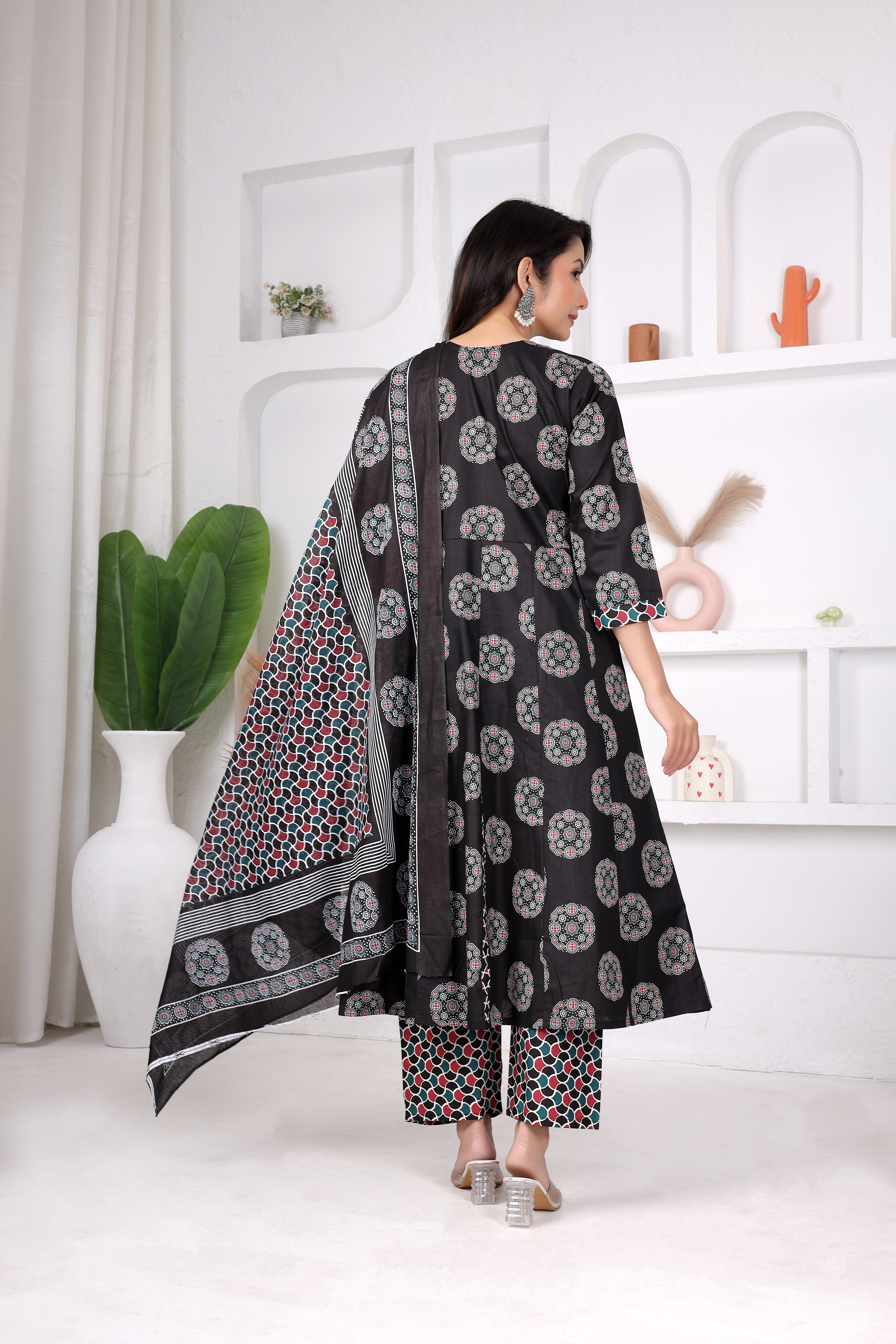 Black Printed Anarkali Suit Set