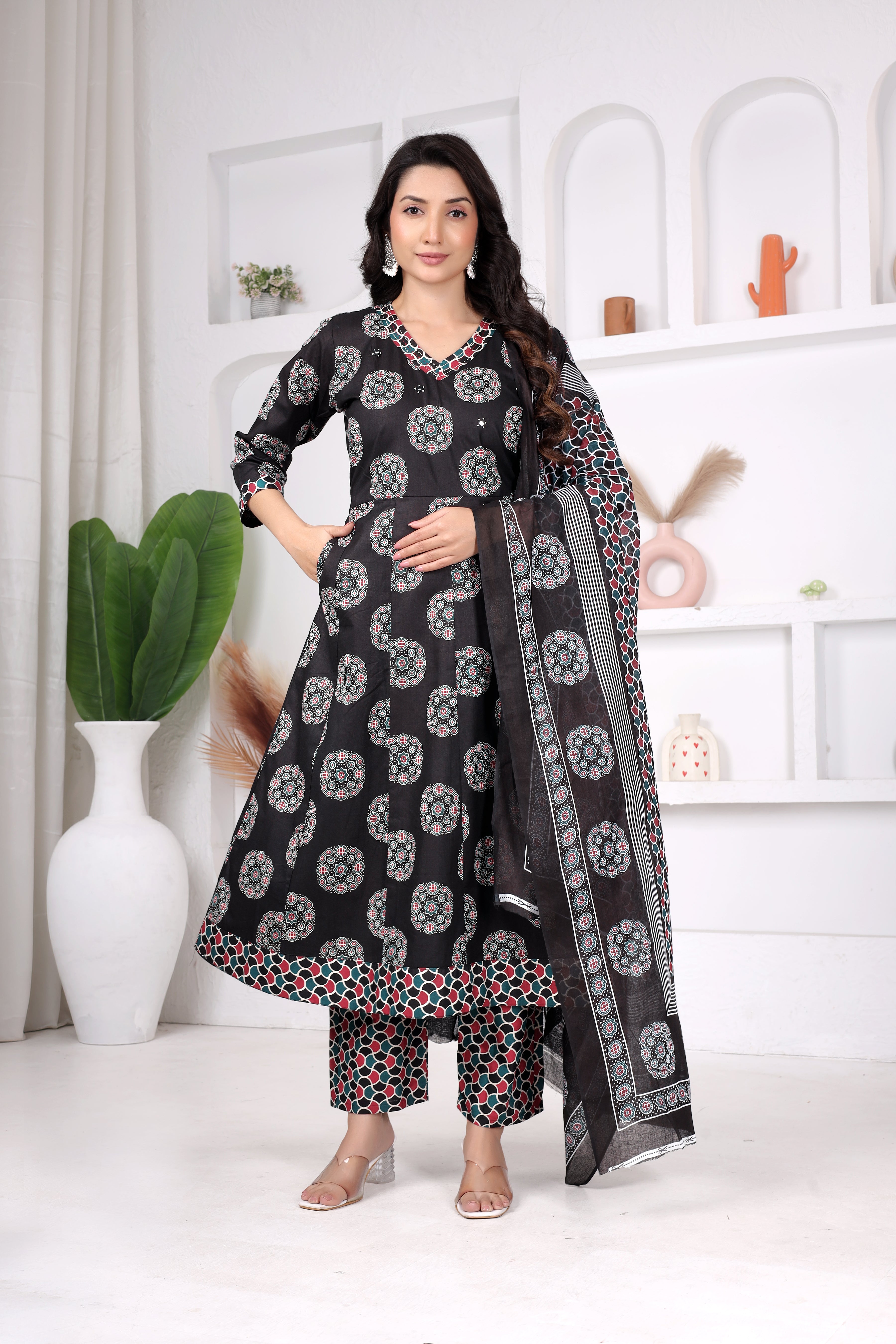 Black Printed Anarkali Suit Set