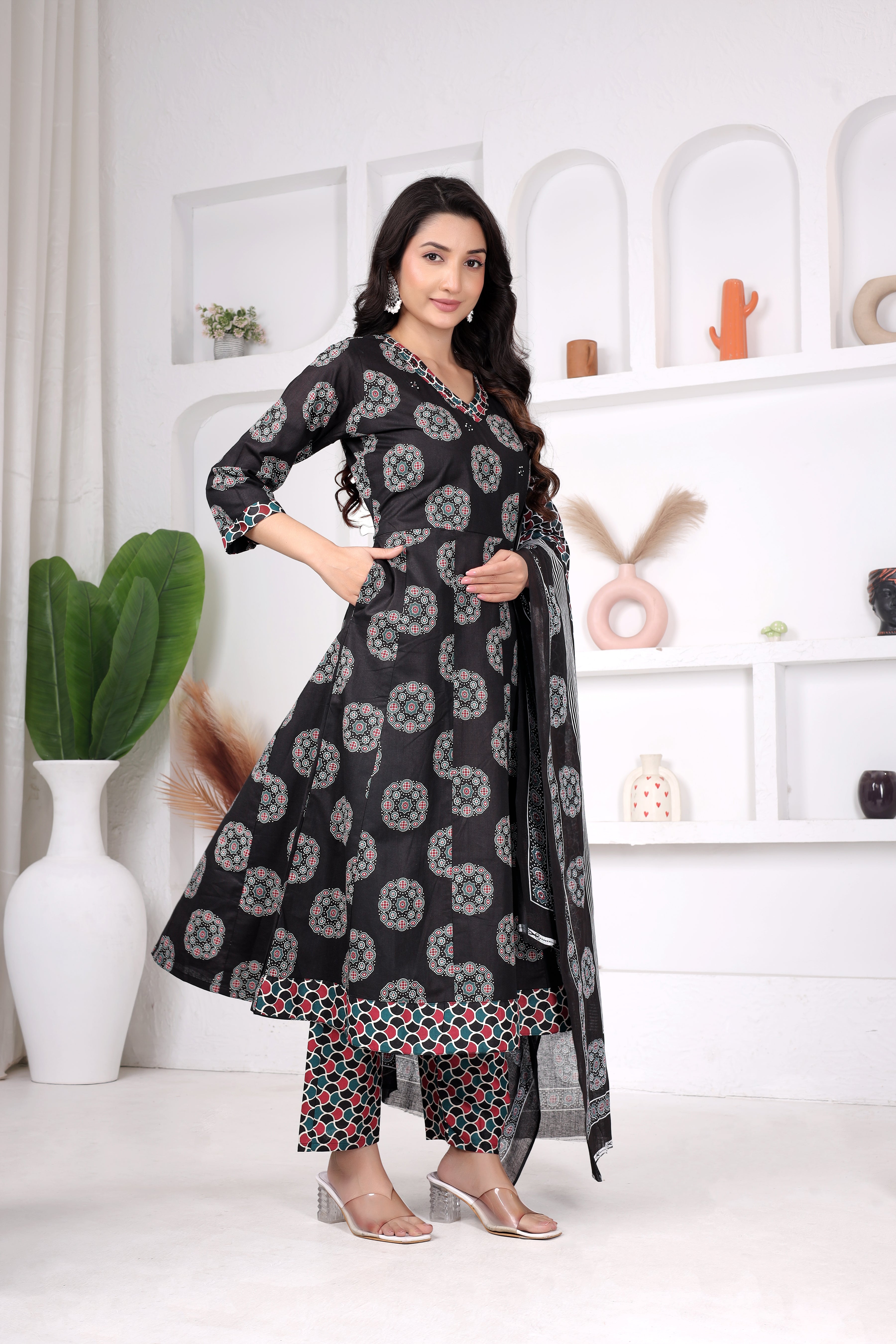 Black Printed Anarkali Suit Set