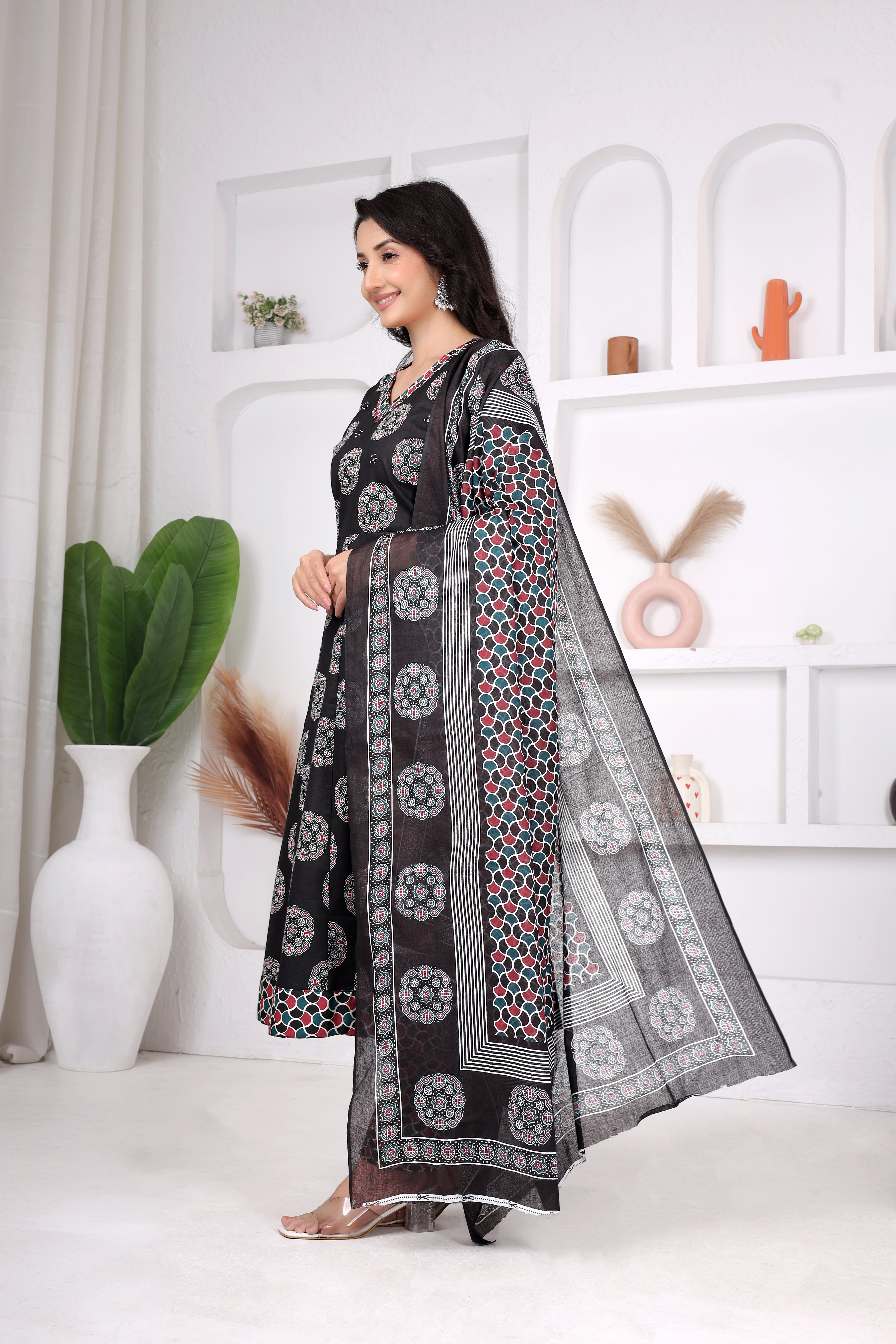 Black Printed Anarkali Suit Set
