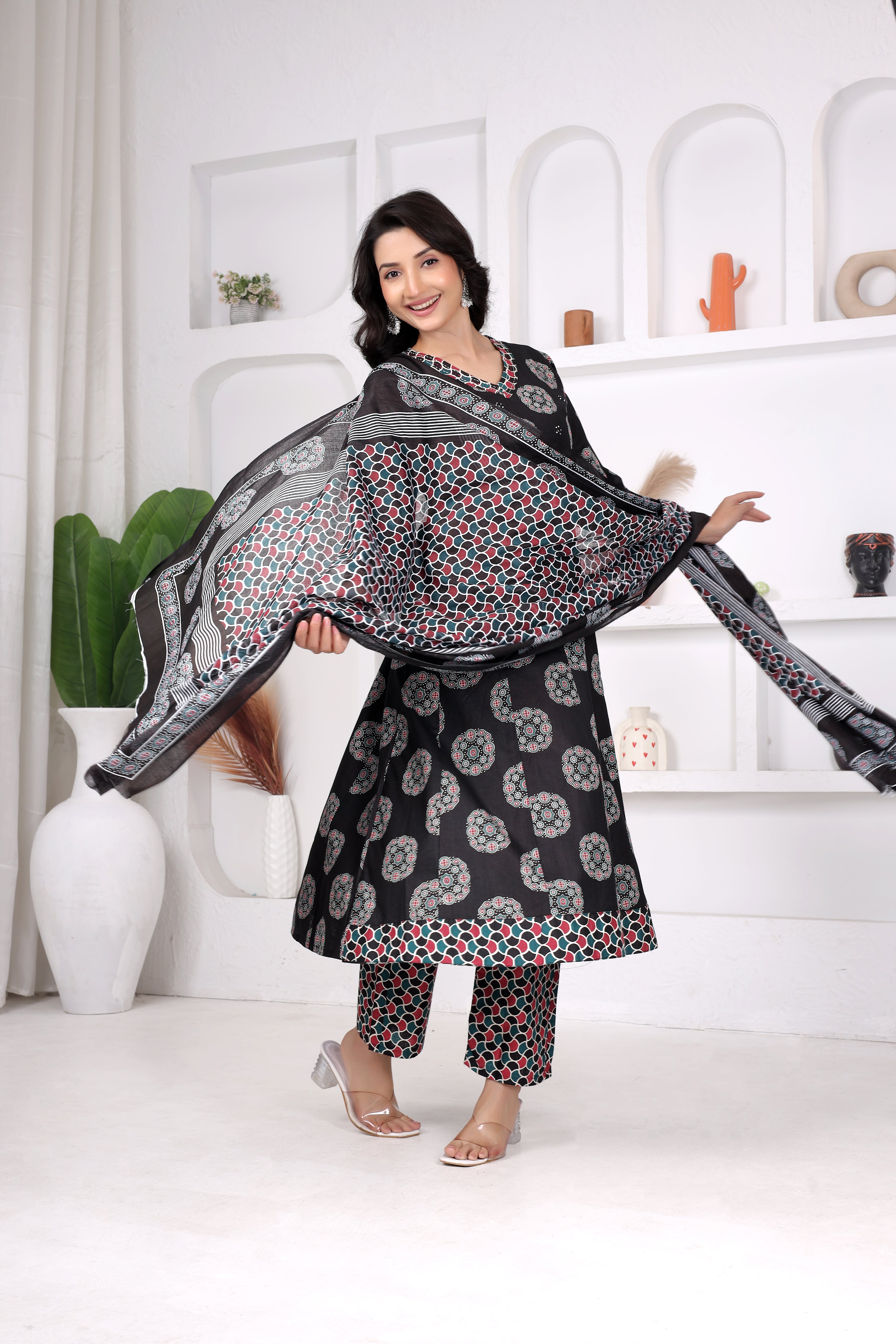 Black Printed Anarkali Suit Set