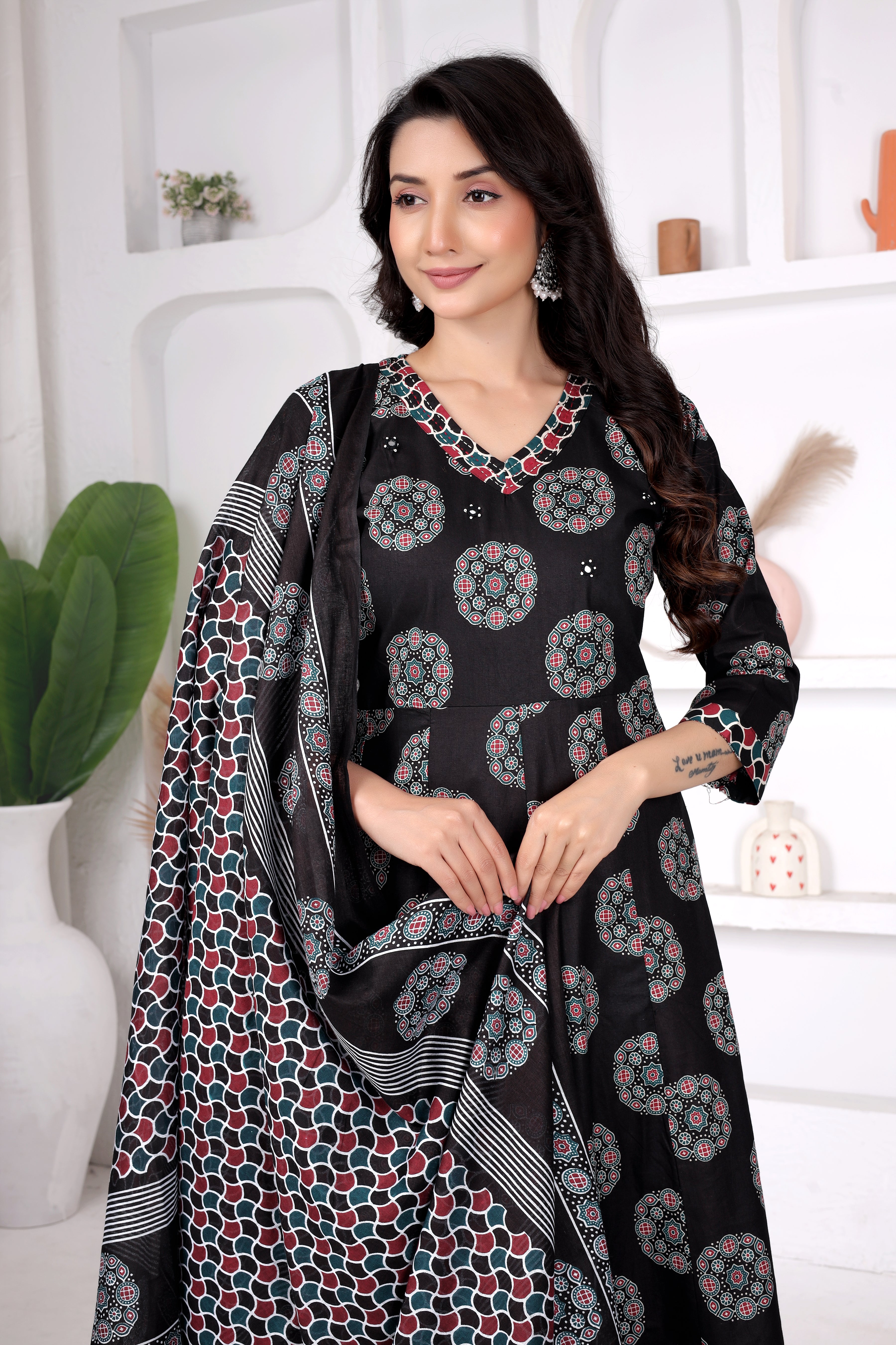 Black Printed Anarkali Suit Set