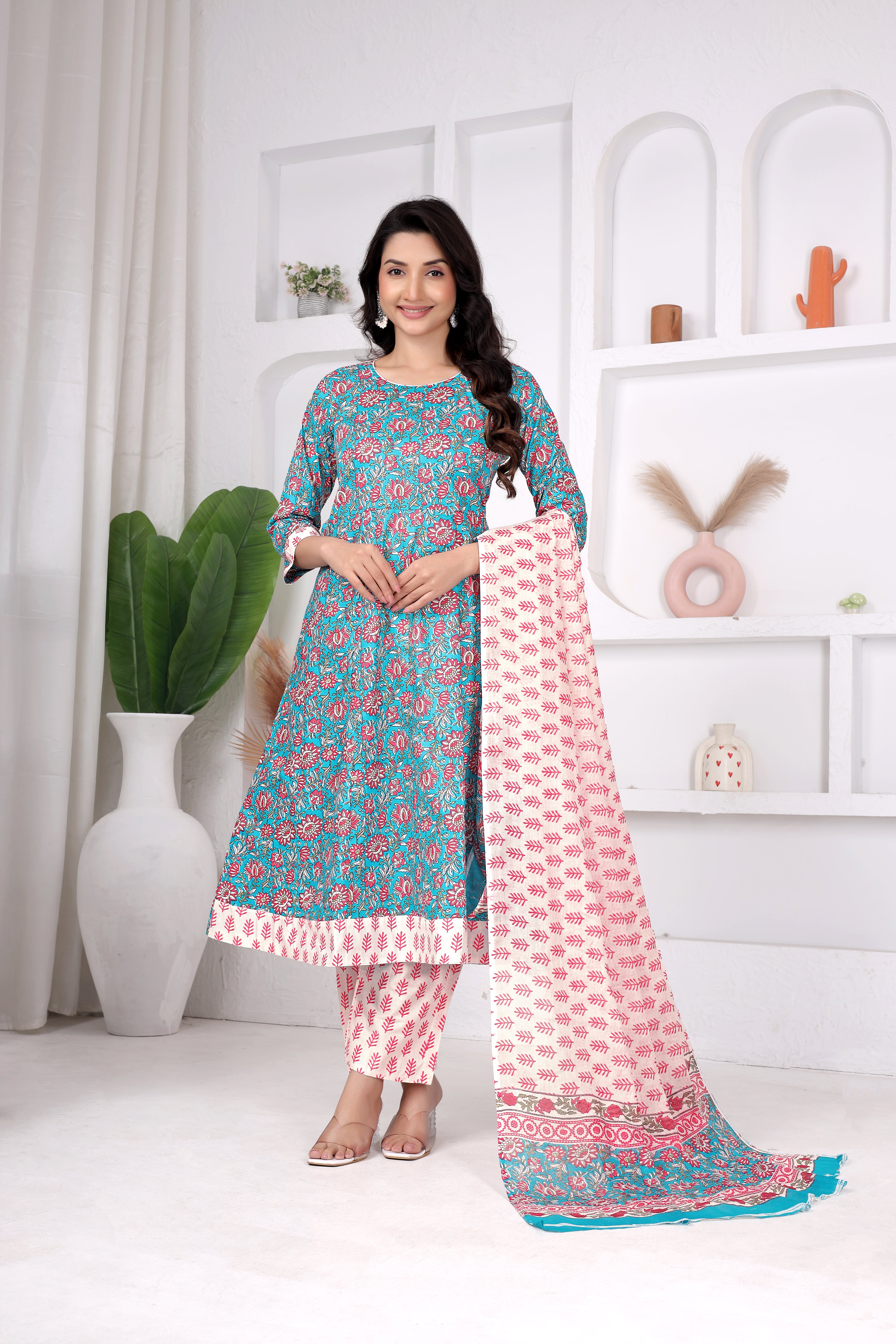 Blue Floral Anarkali Suit Set
