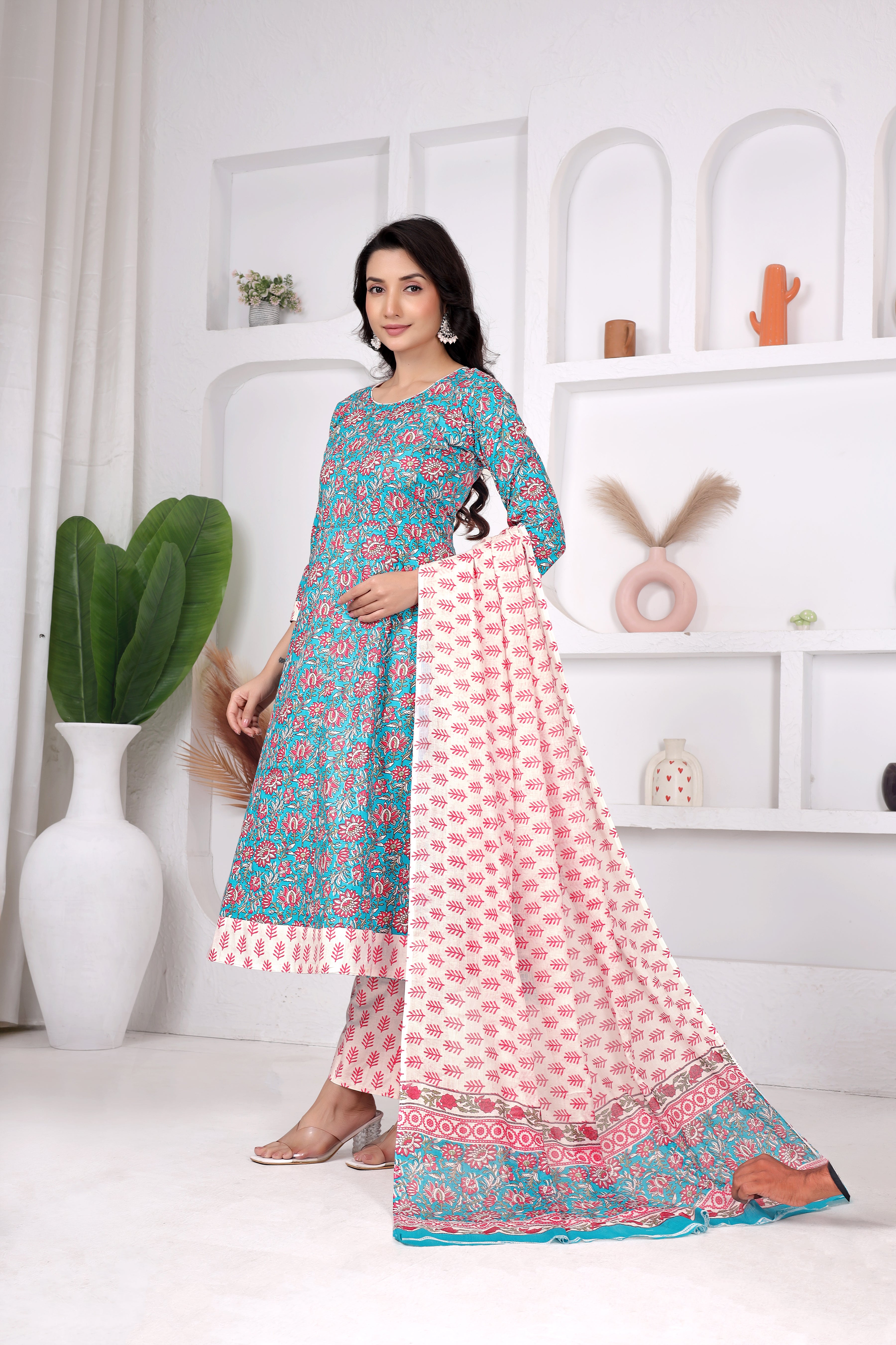 Blue Floral Anarkali Suit Set