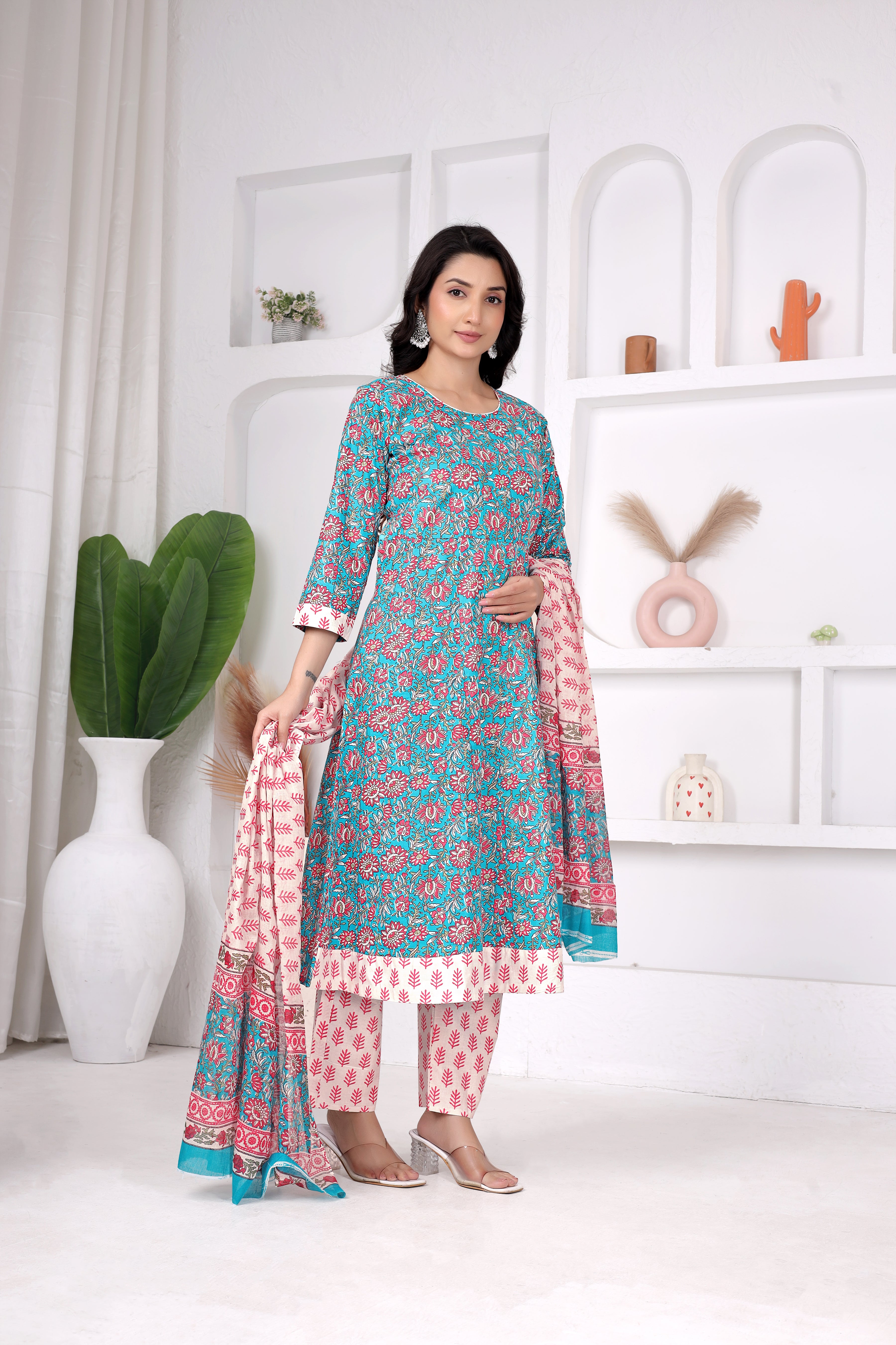 Blue Floral Anarkali Suit Set