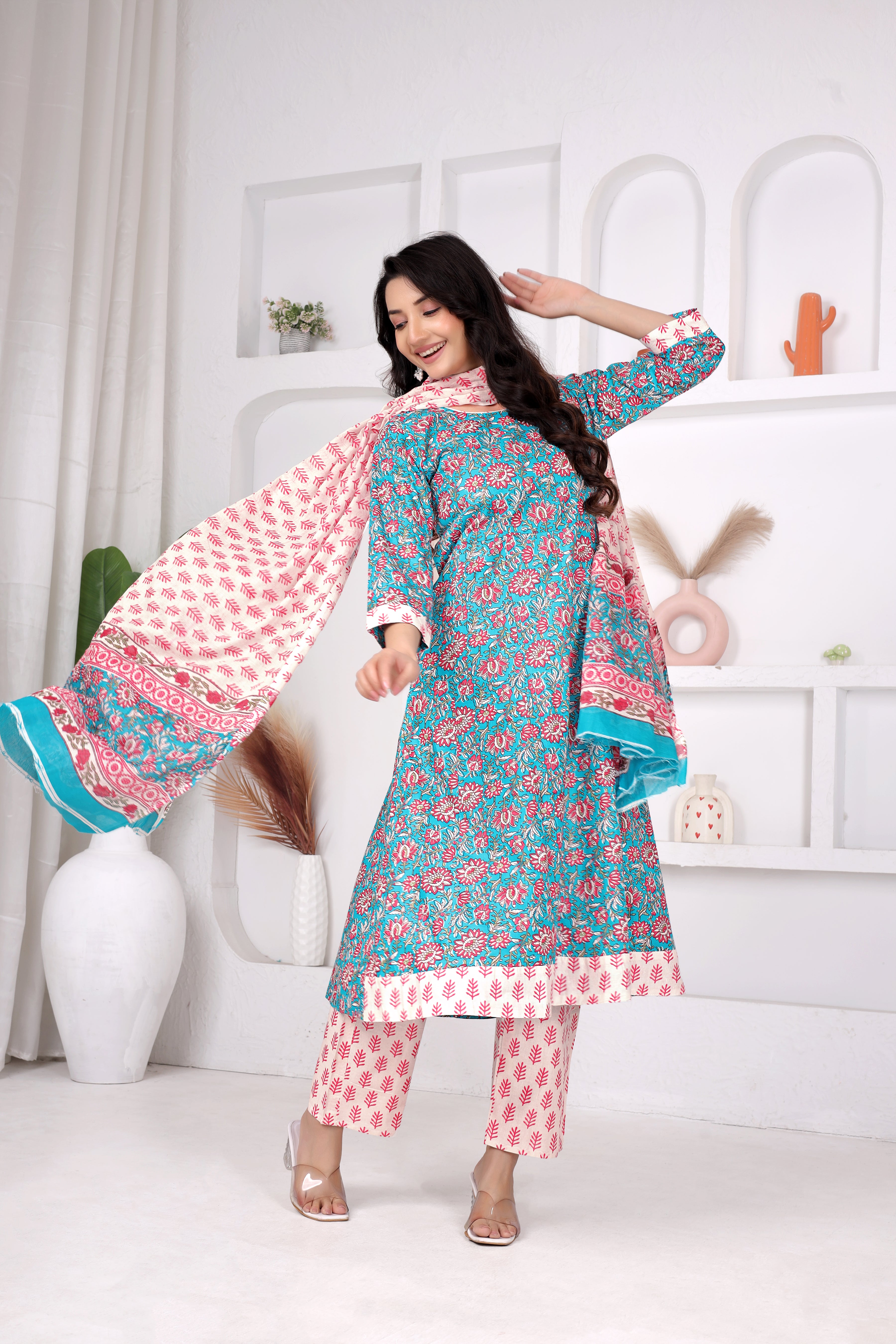 Blue Floral Anarkali Suit Set