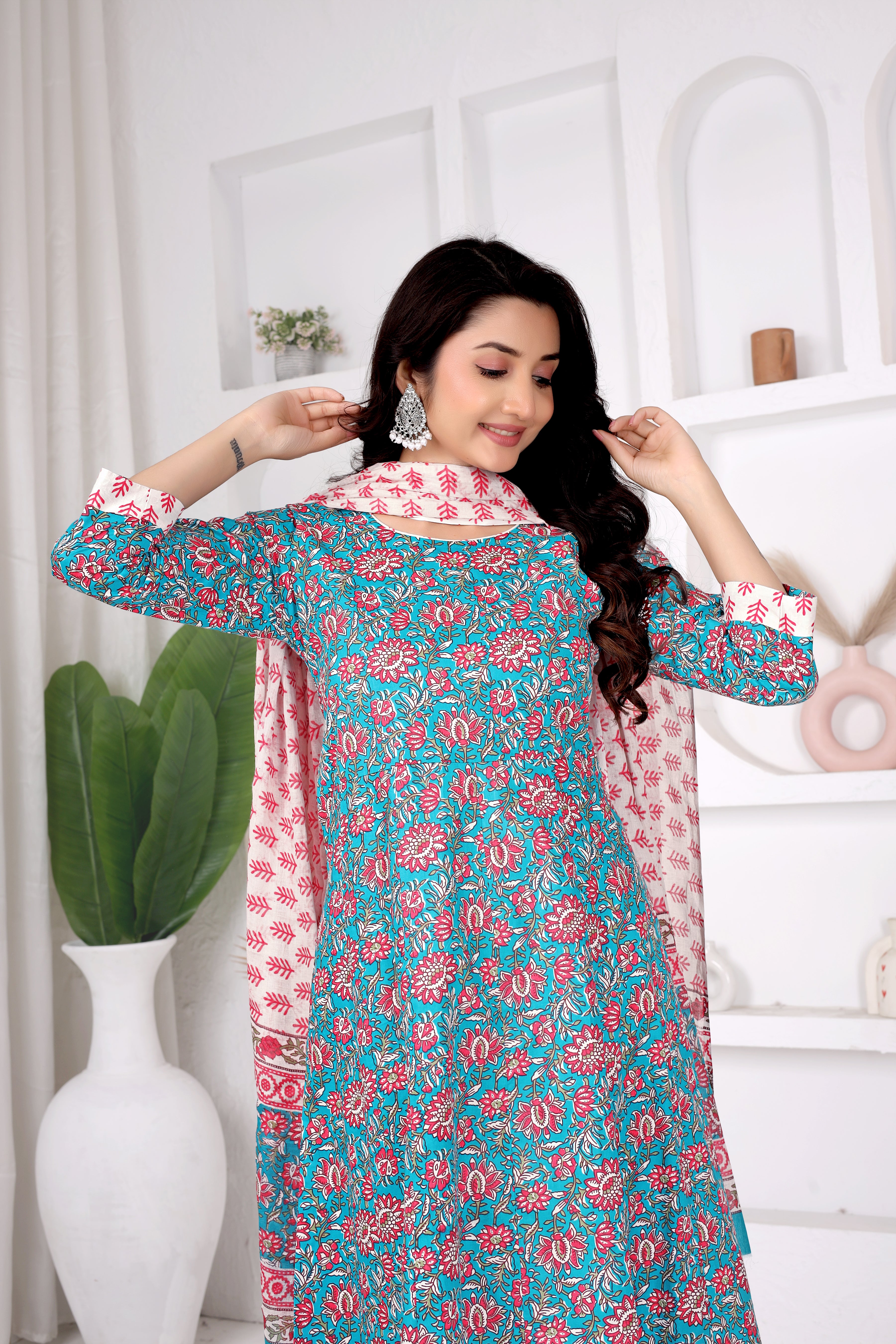 Blue Floral Anarkali Suit Set