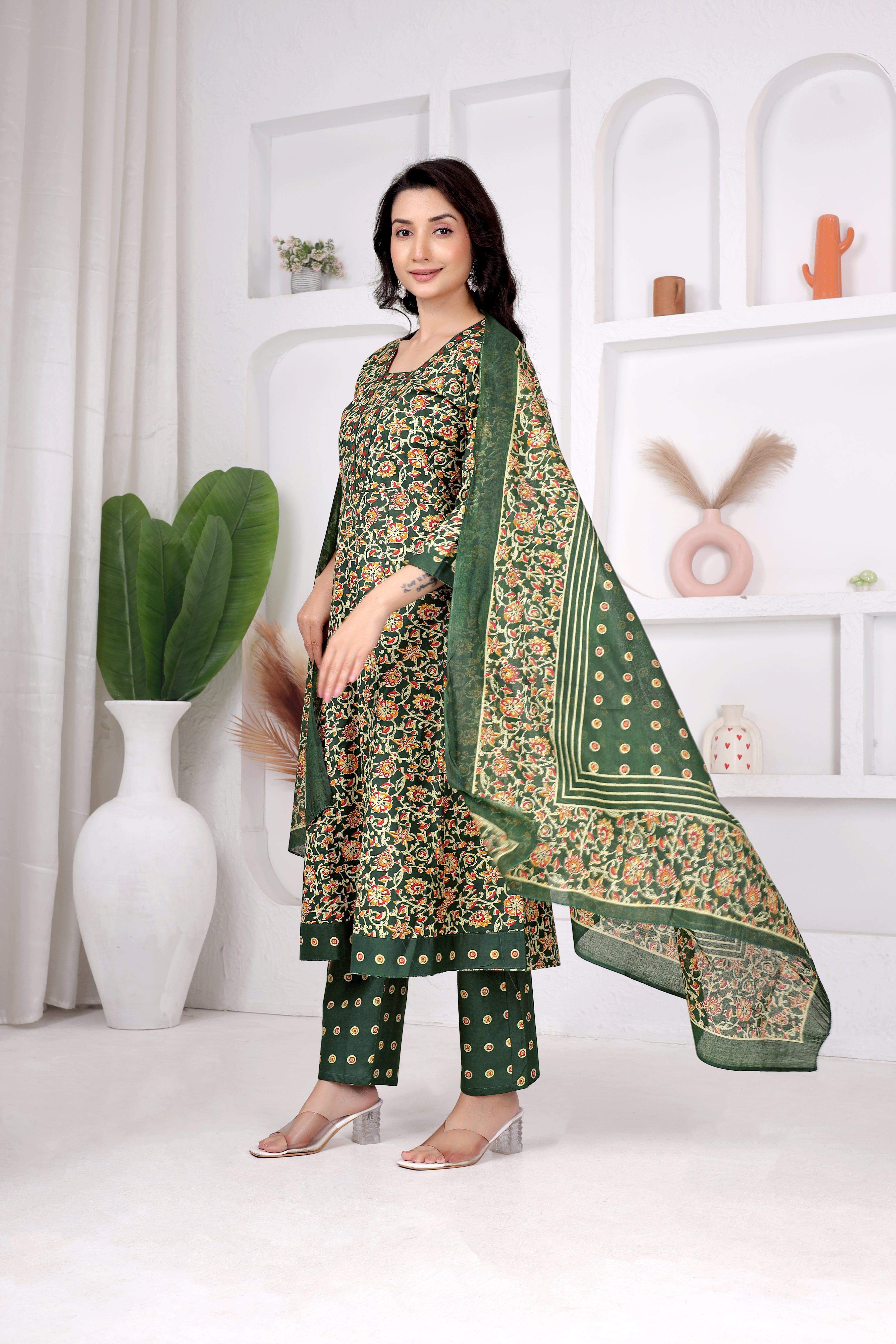 Green Floral Anarkali Suit Set