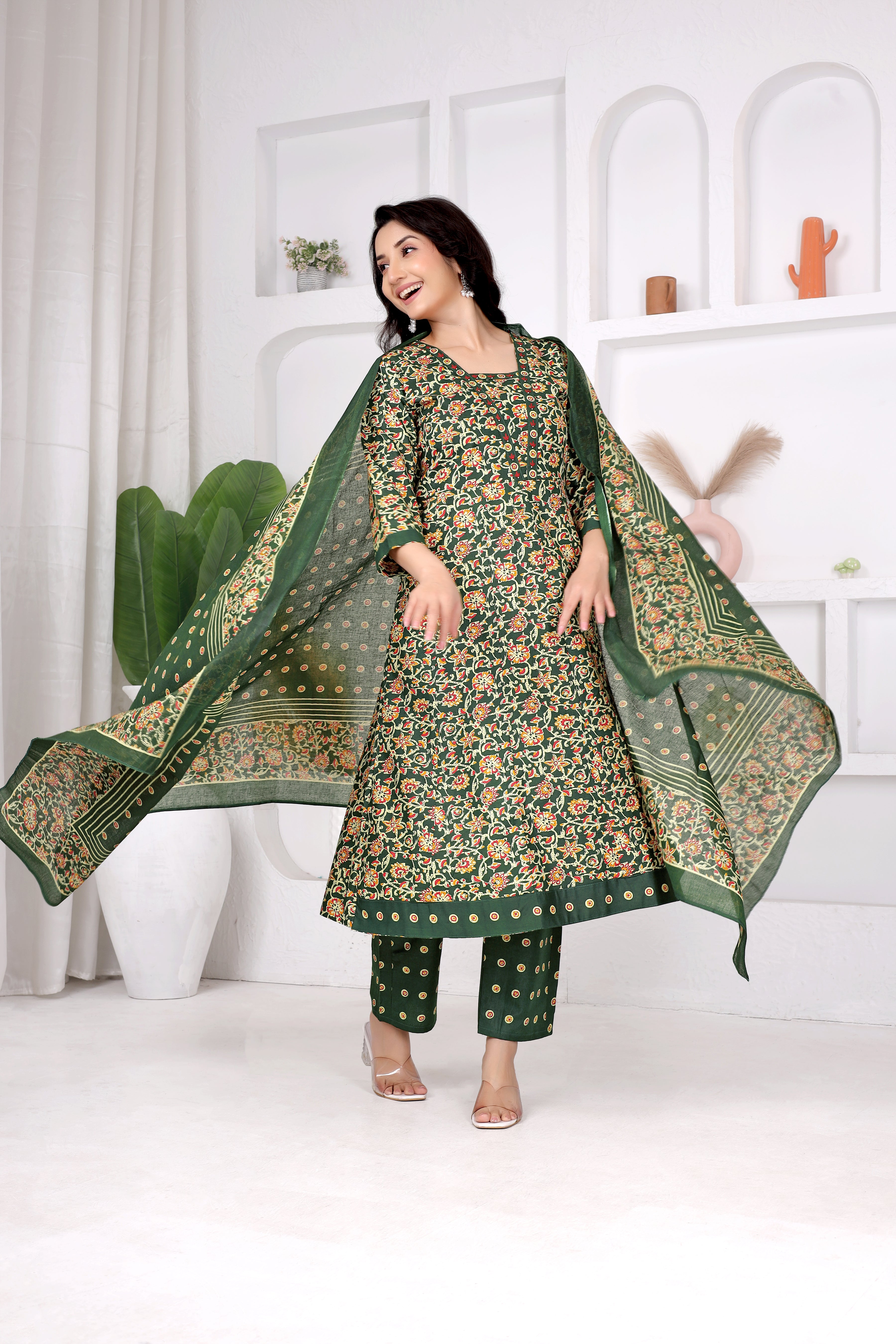 Green Floral Anarkali Suit Set