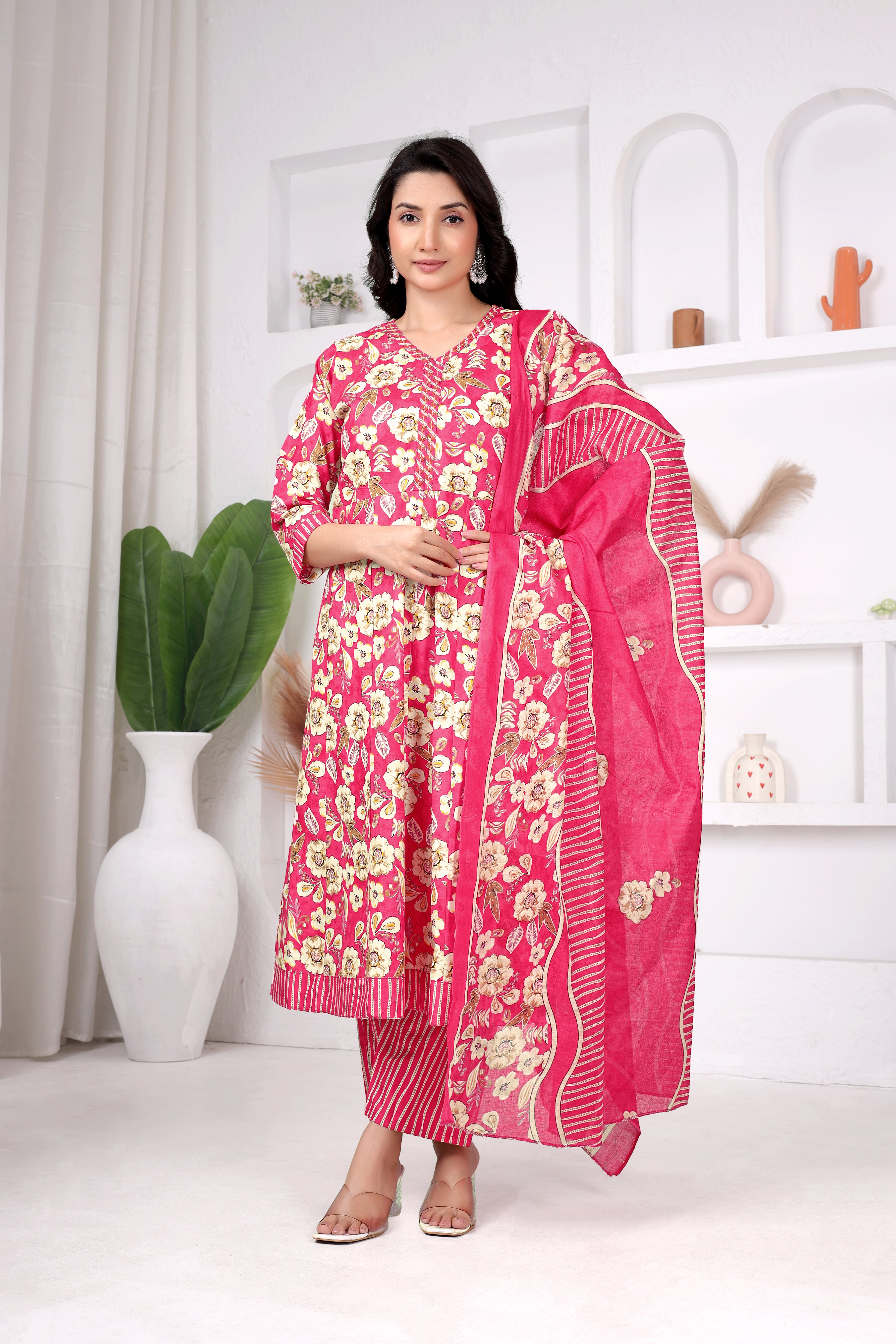 Pink Floral Anarkali Suit Set