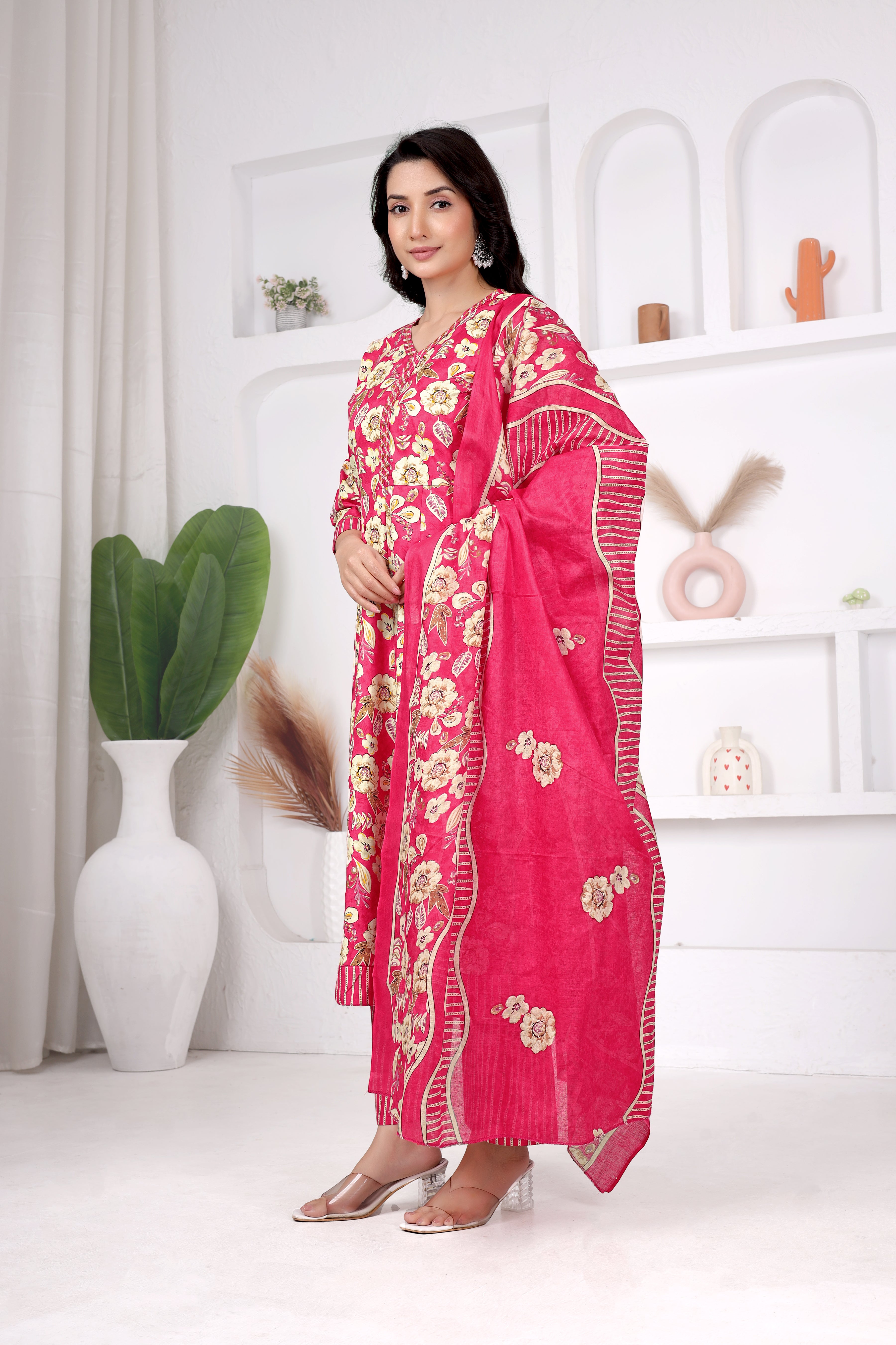 Pink Floral Anarkali Suit Set