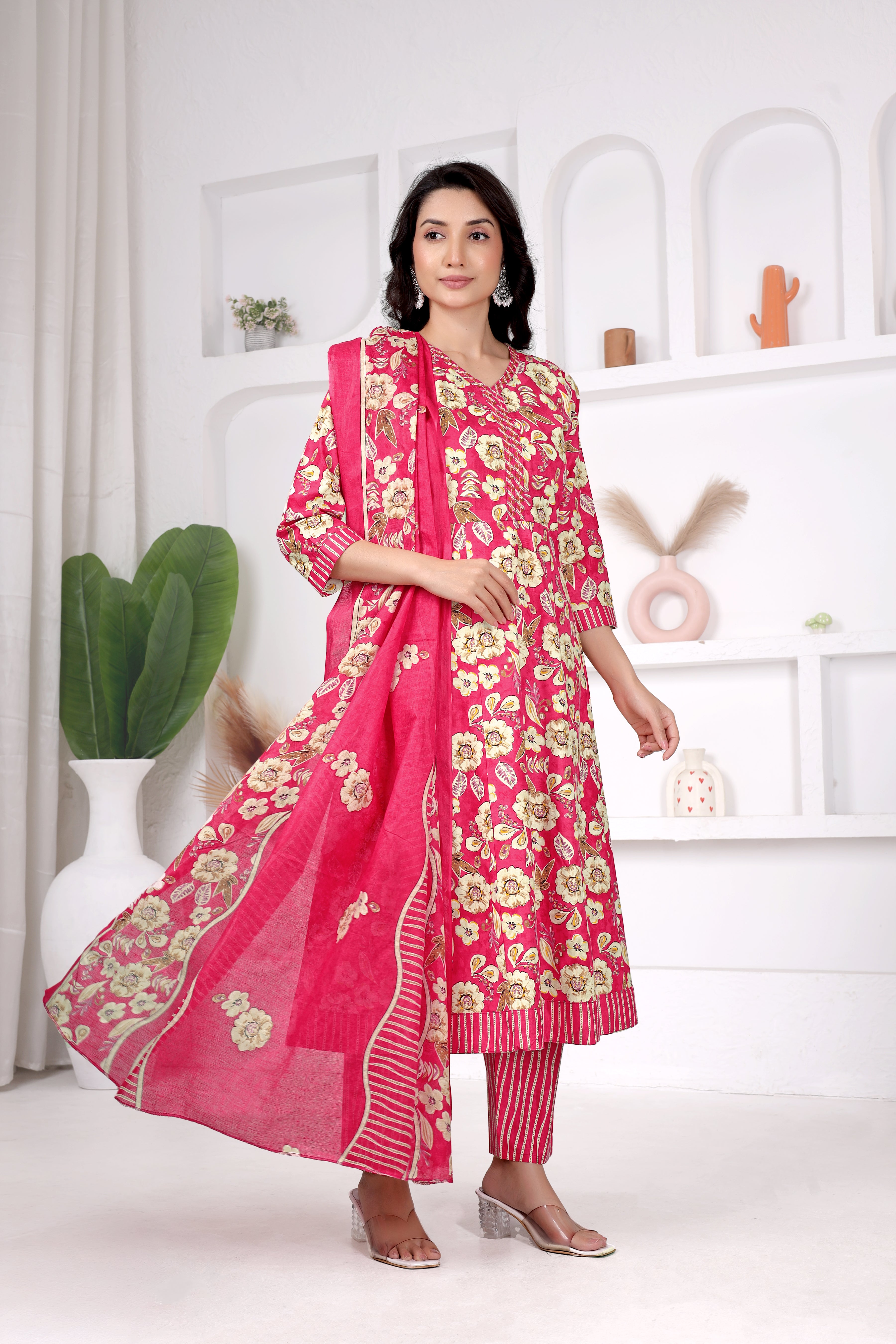 Pink Floral Anarkali Suit Set