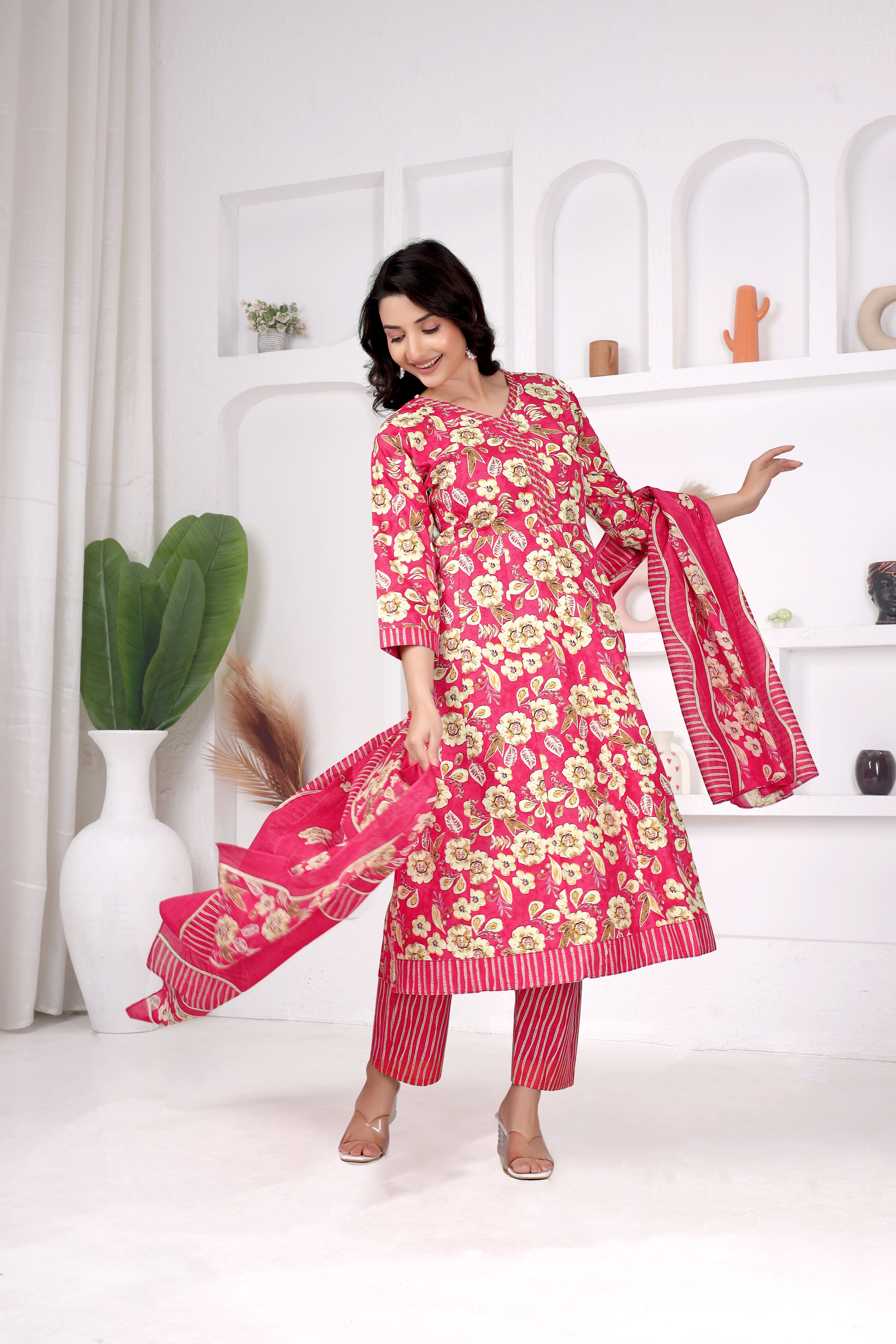 Pink Floral Anarkali Suit Set