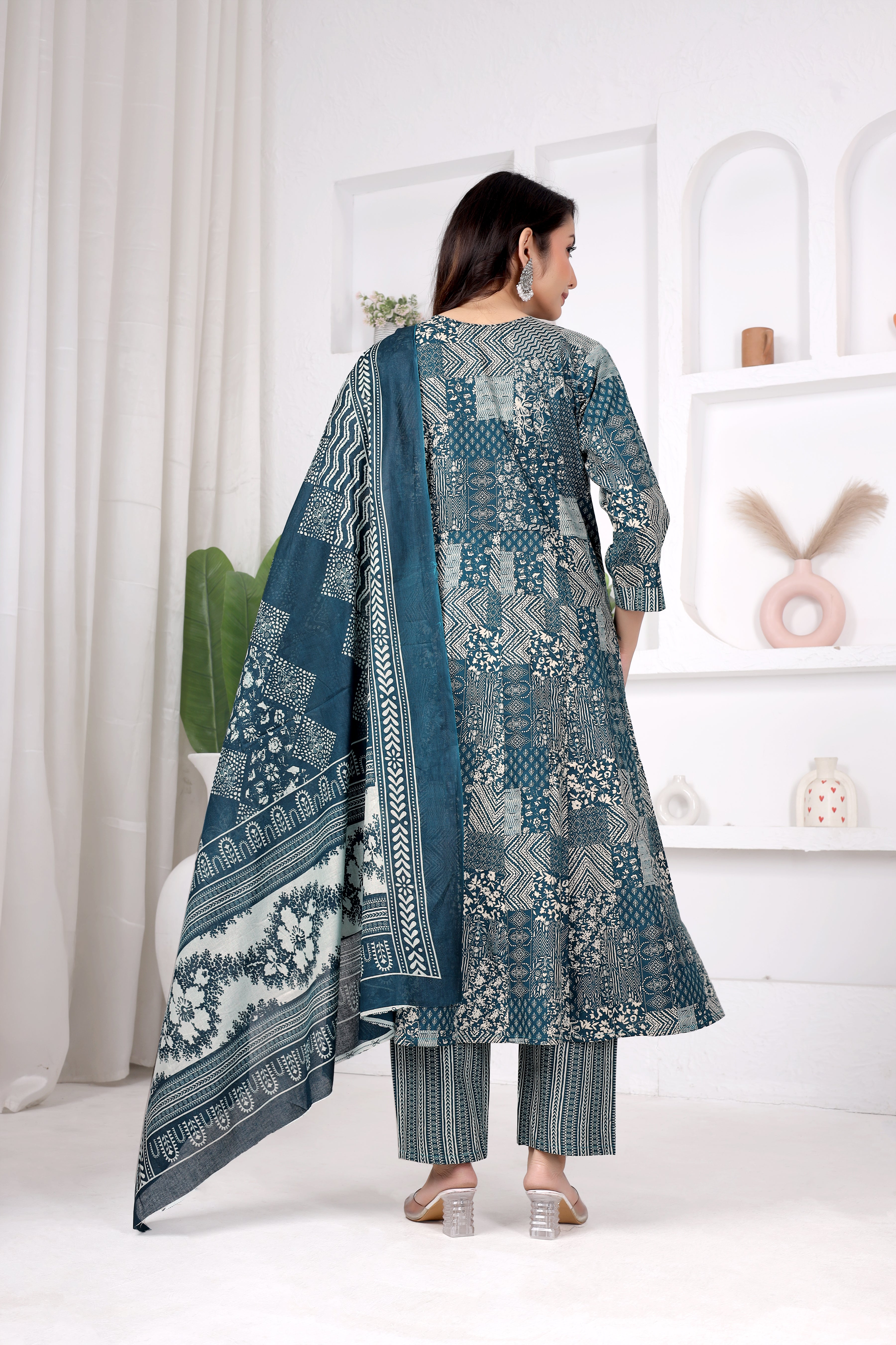 Teal Printed Anarkali Suit Set