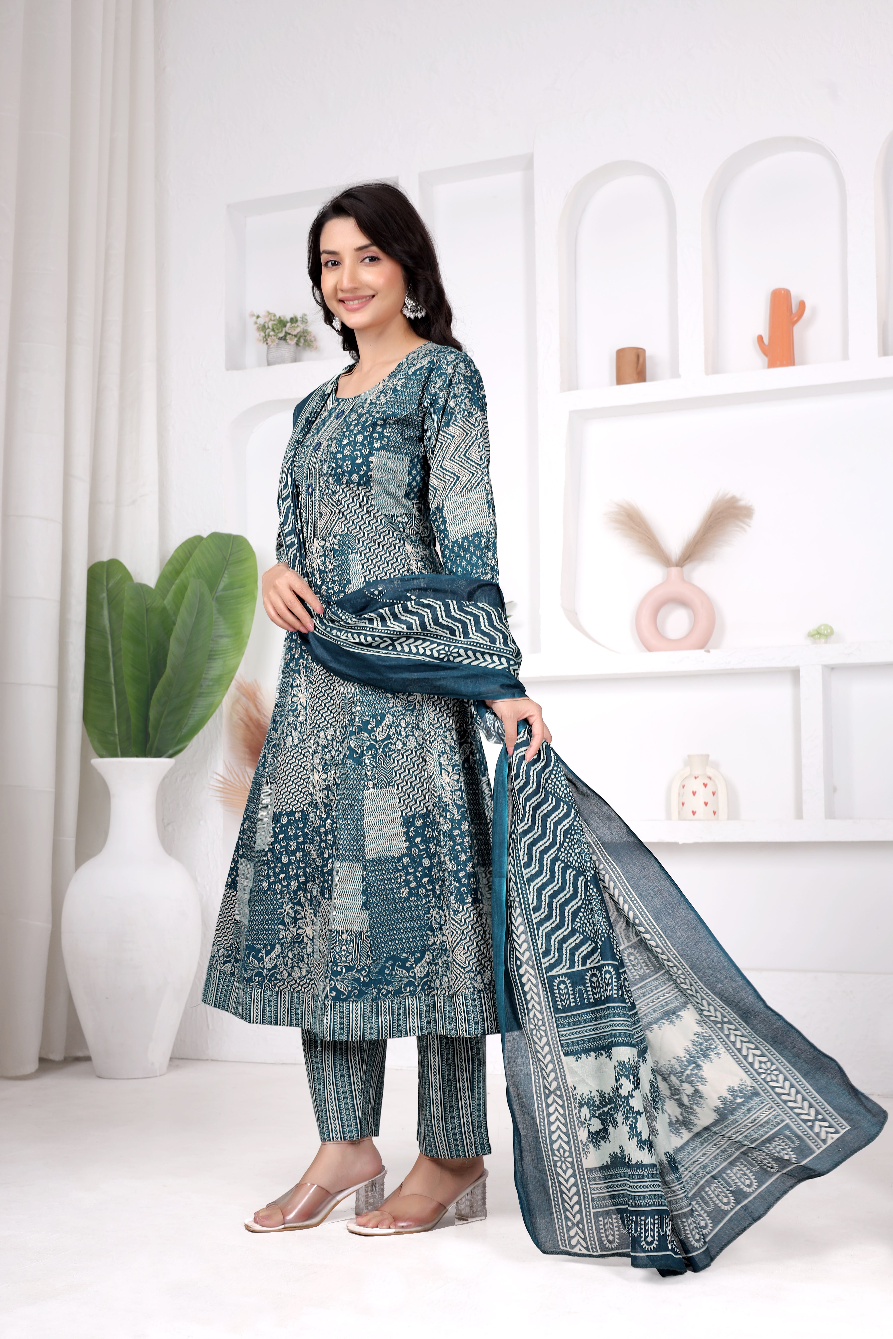 Teal Printed Anarkali Suit Set