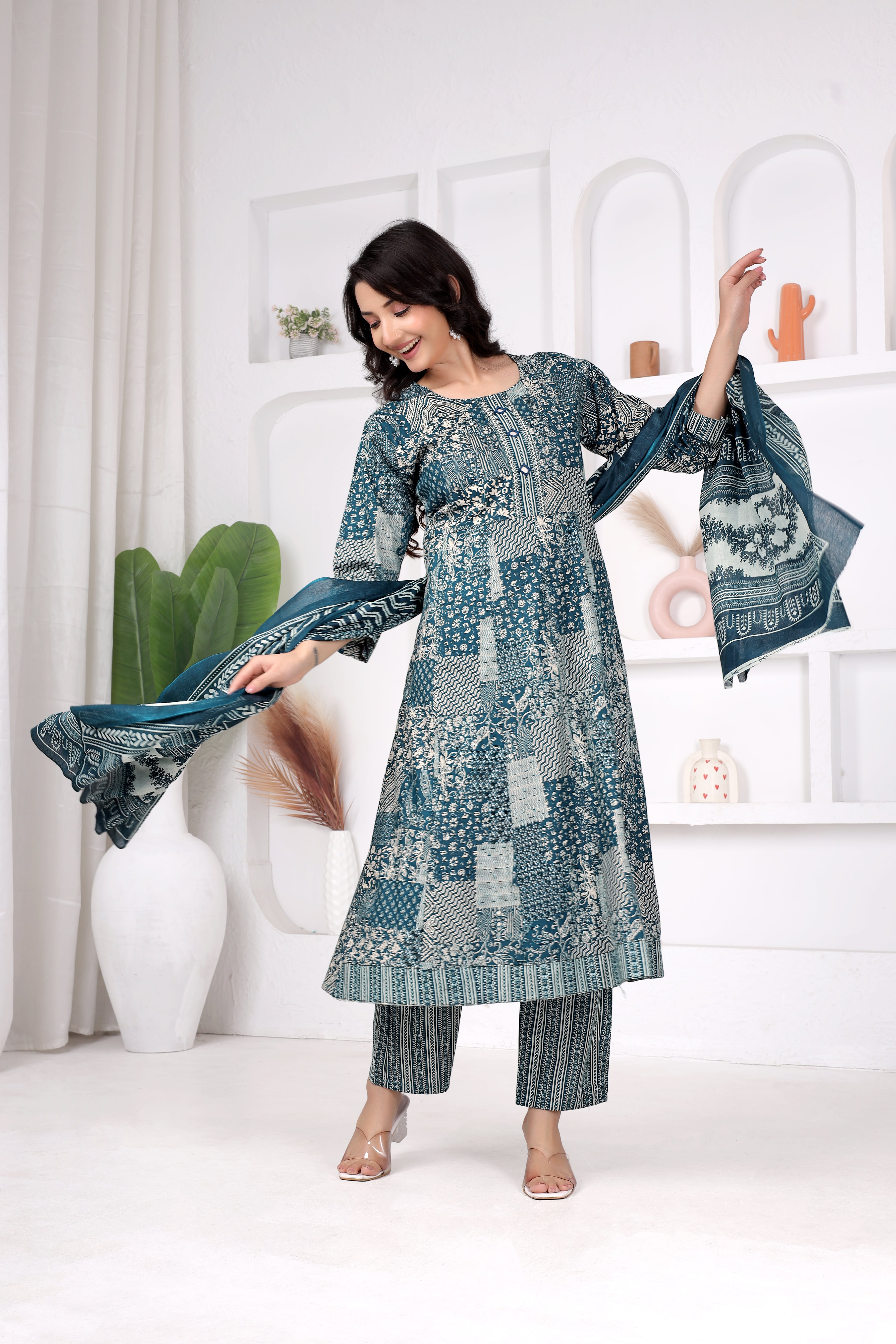 Teal Printed Anarkali Suit Set