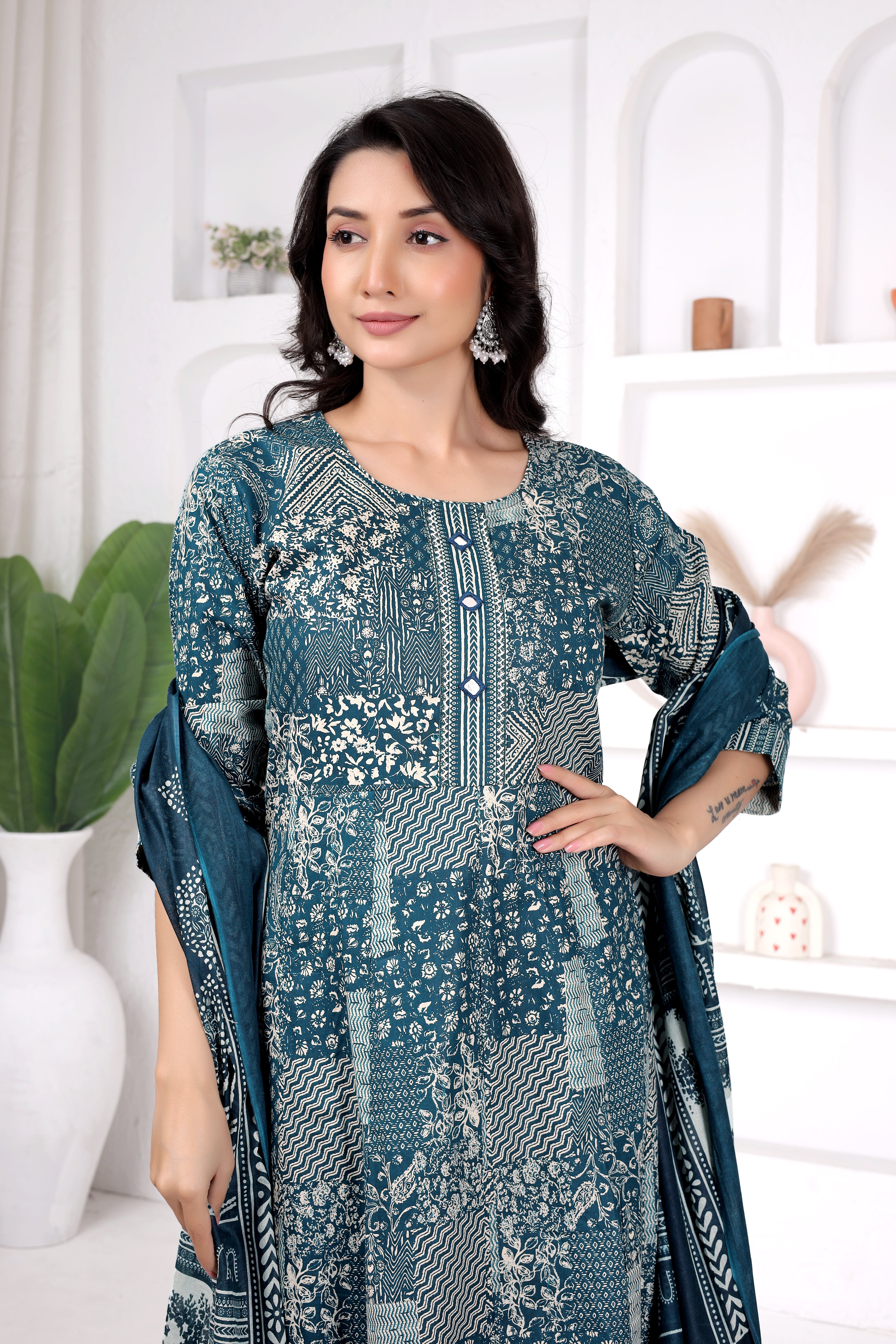 Teal Printed Anarkali Suit Set