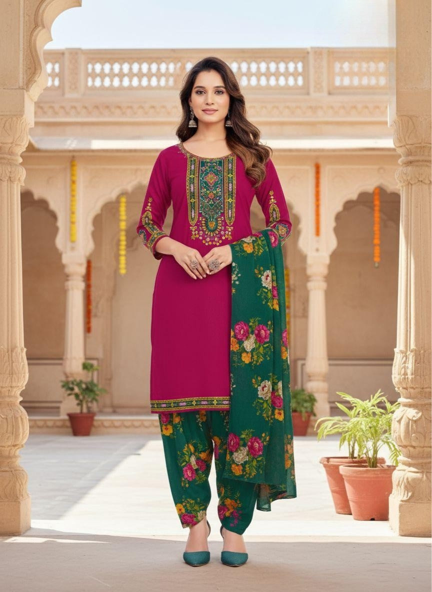 Rani Pink Printed Patiala Suit Set