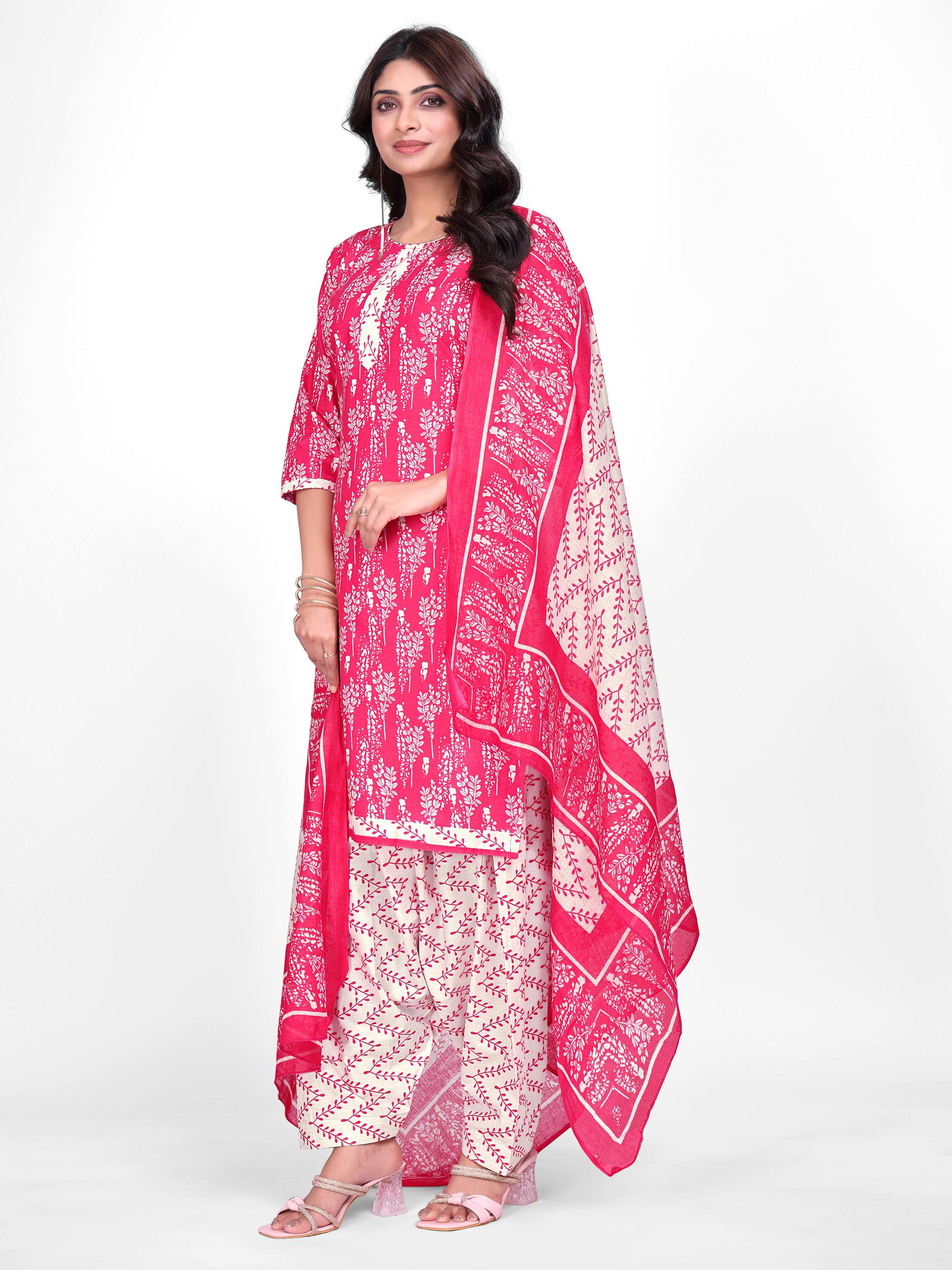 Pink & Cream Printed Patiala Suit Set