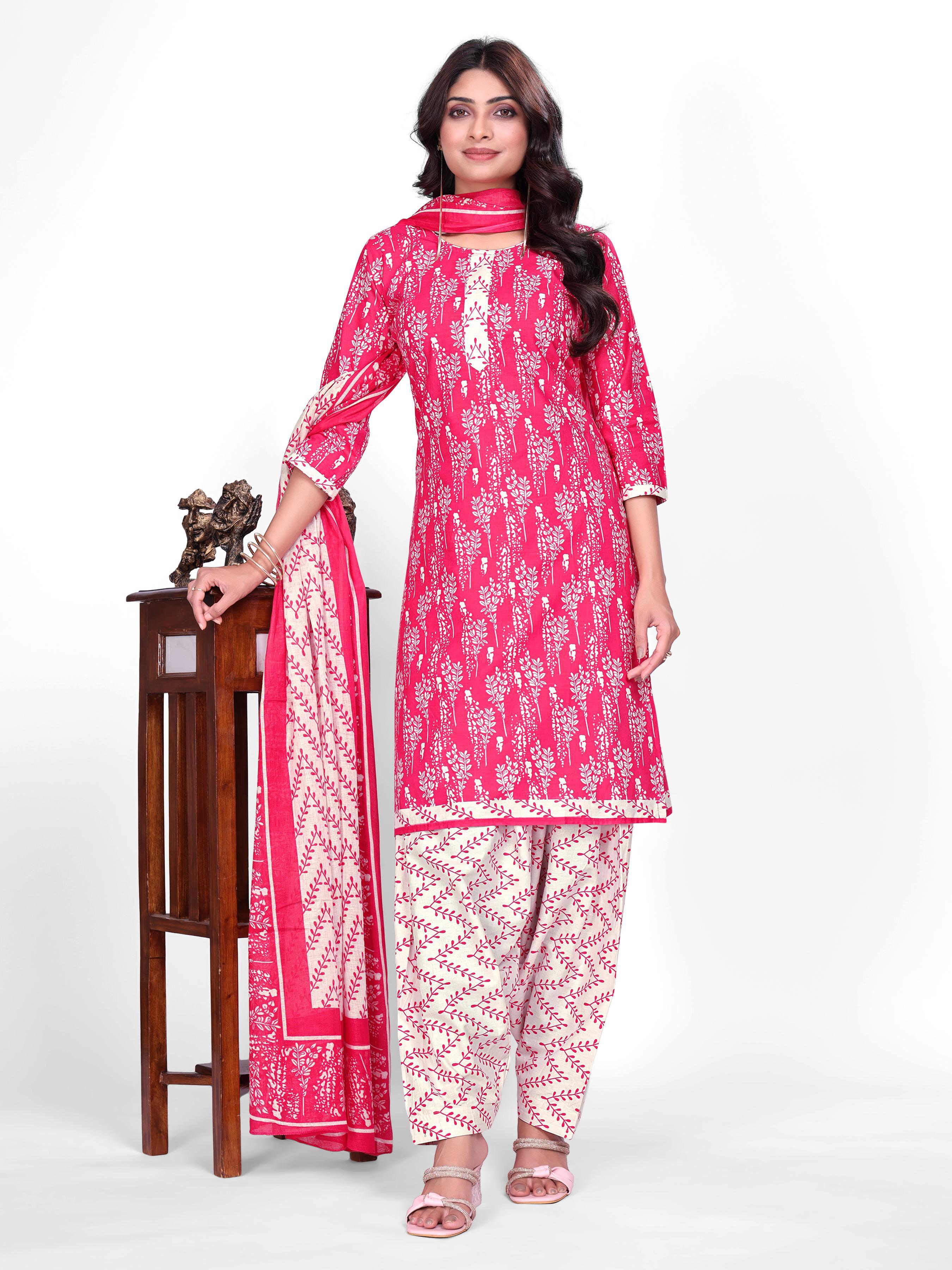 Pink & Cream Printed Patiala Suit Set