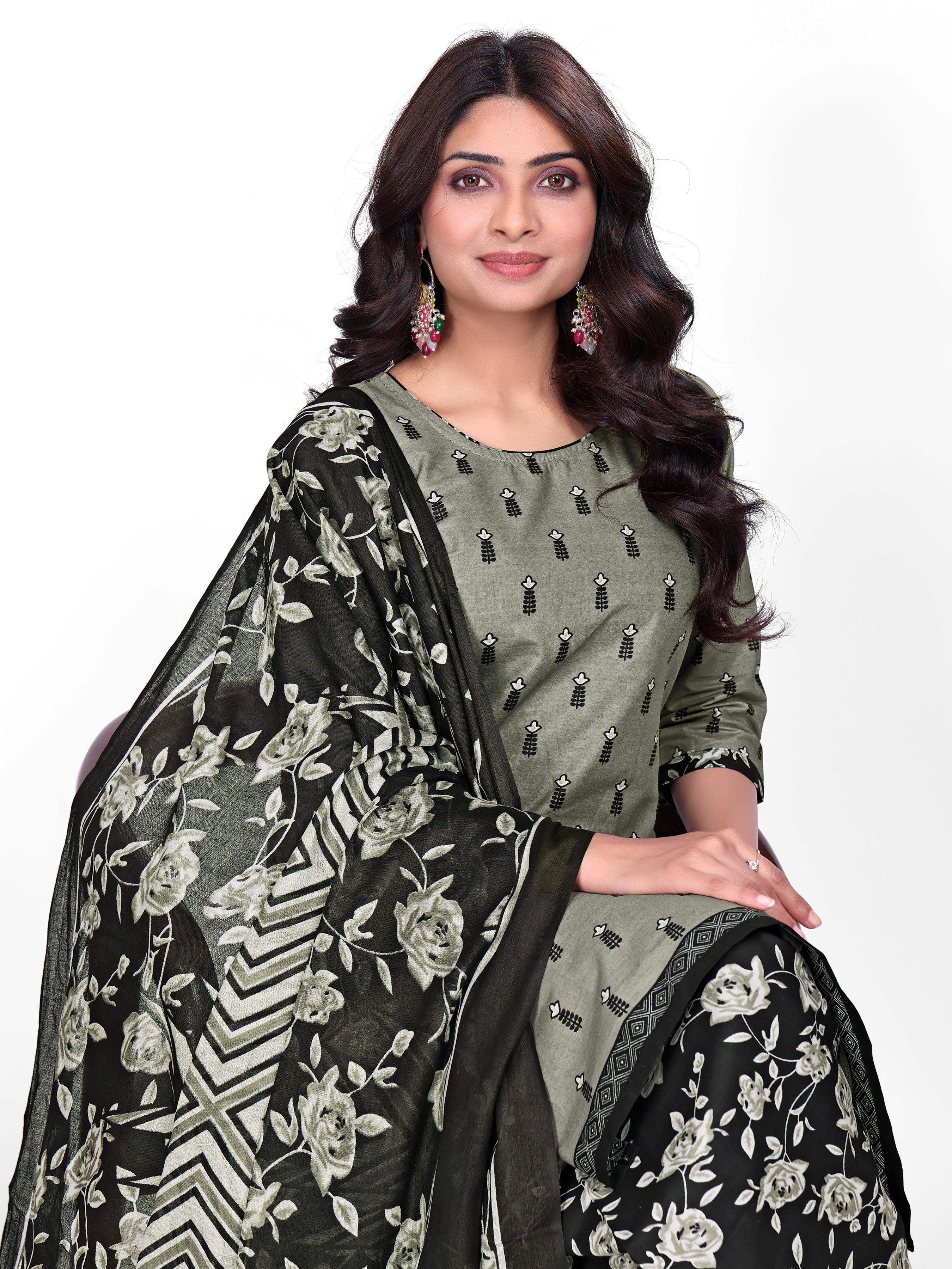 Olive Green & Black Printed Patiala Suit Set