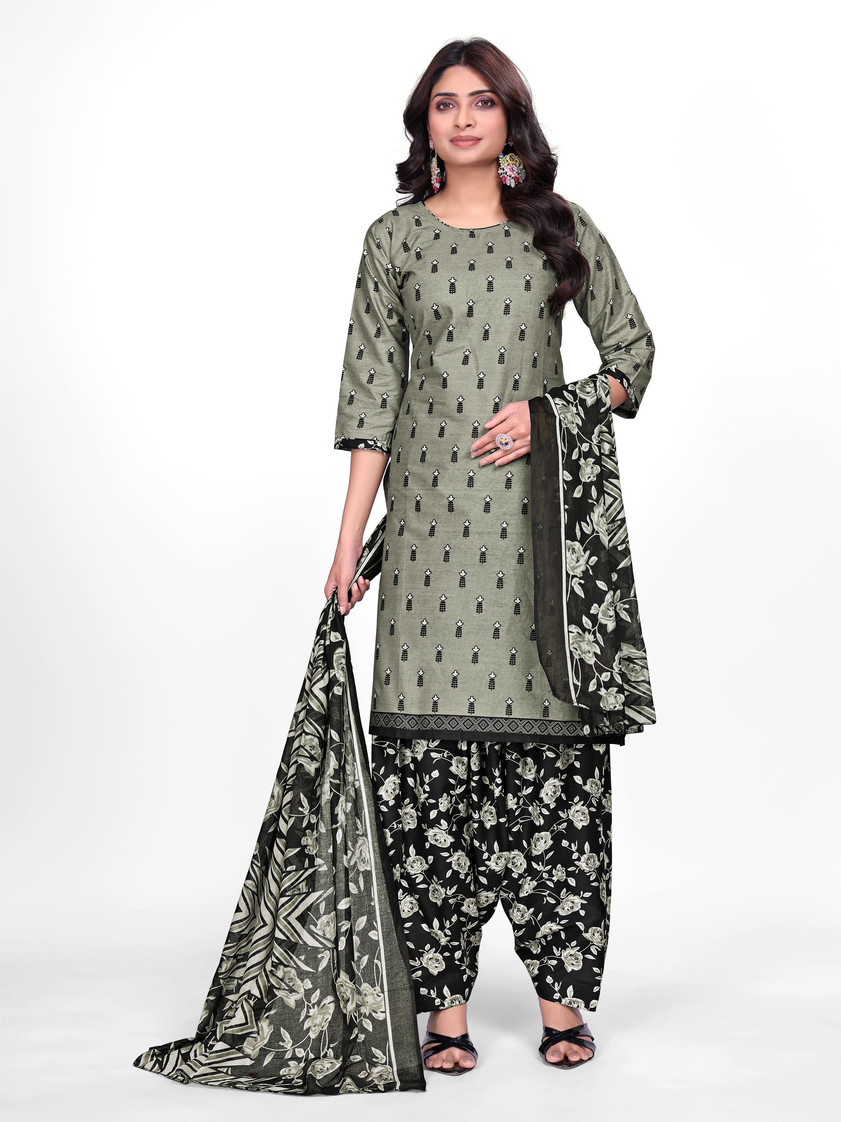 Olive Green & Black Printed Patiala Suit Set