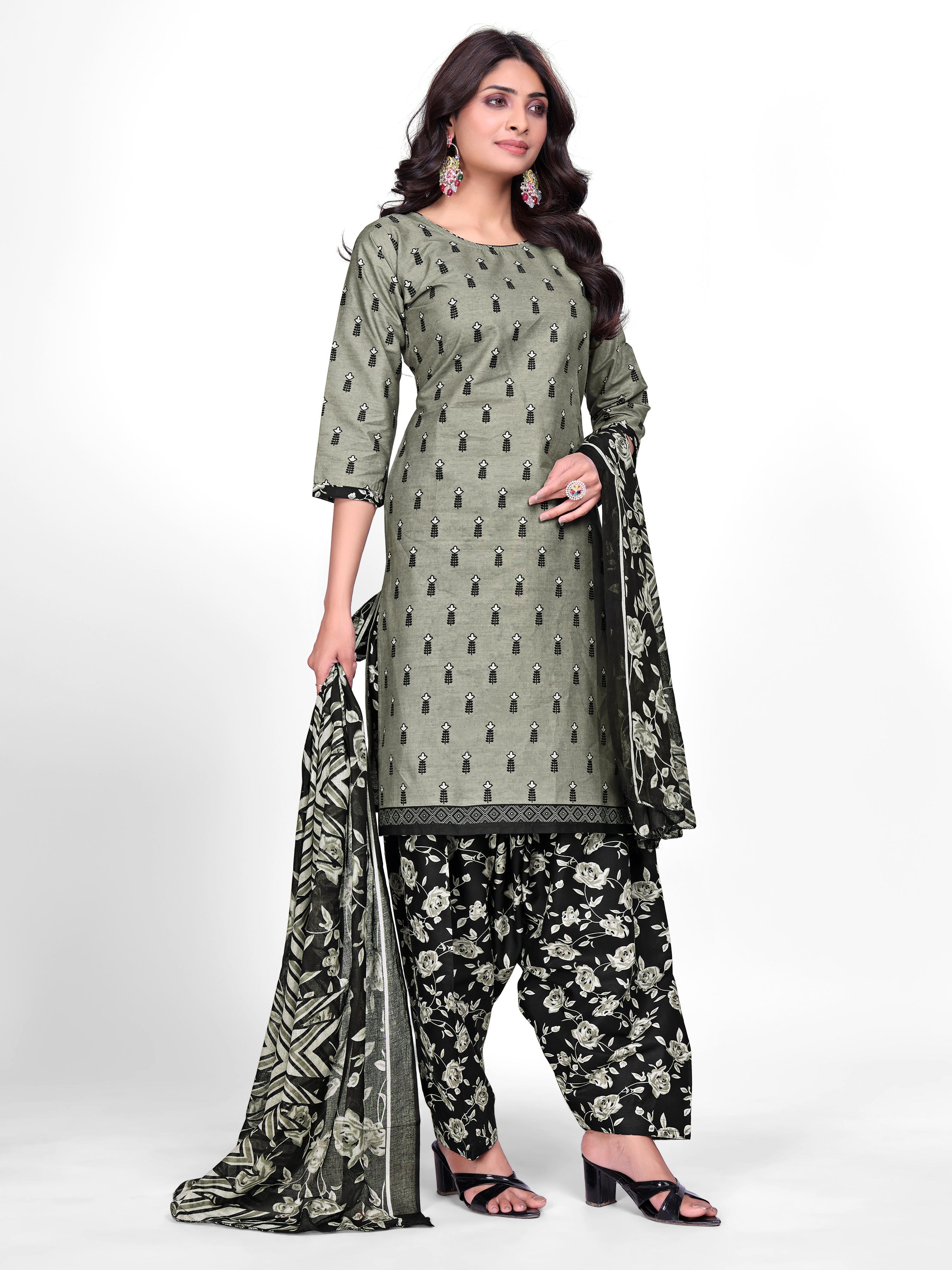 Olive Green & Black Printed Patiala Suit Set