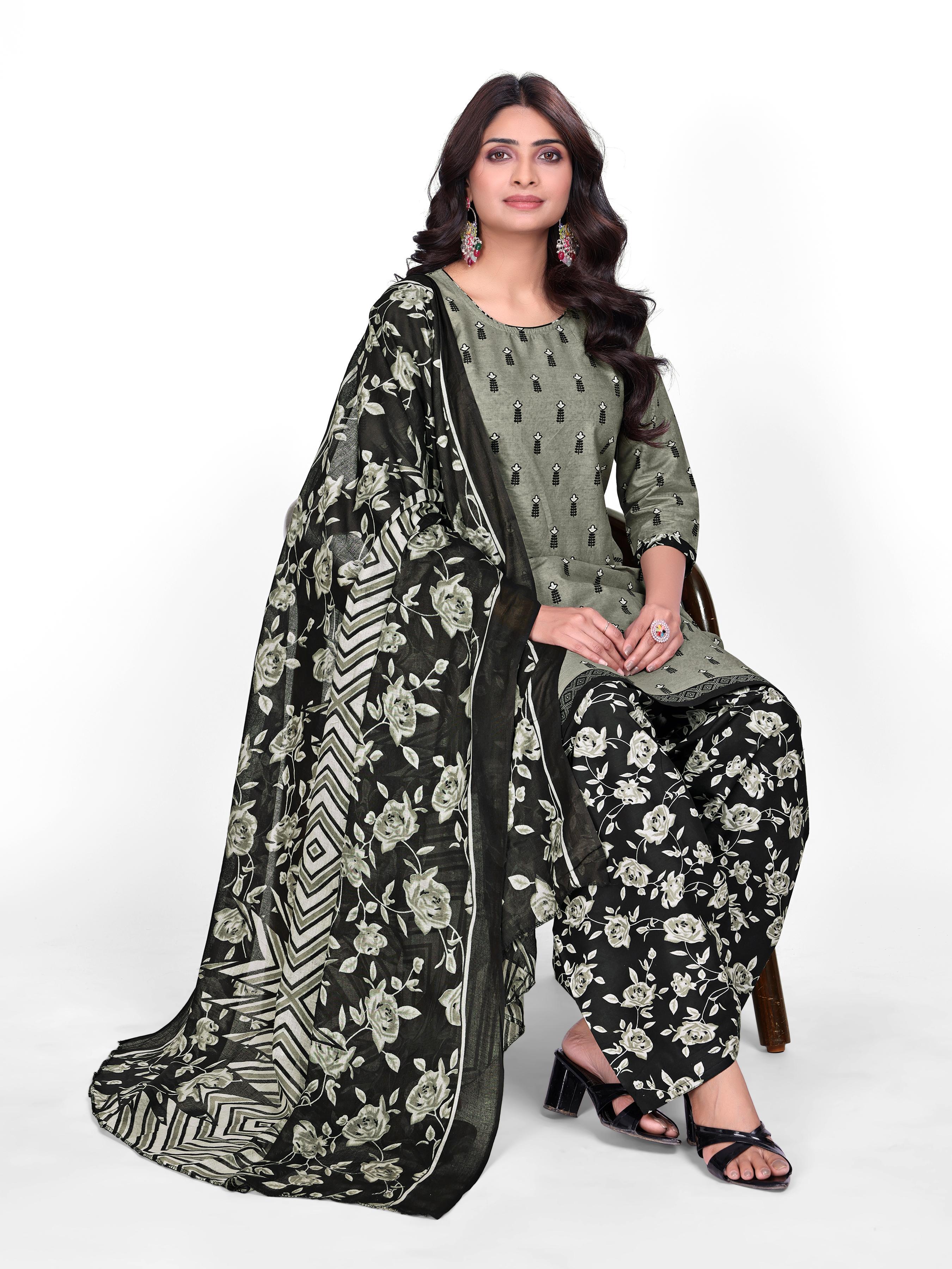 Olive Green & Black Printed Patiala Suit Set