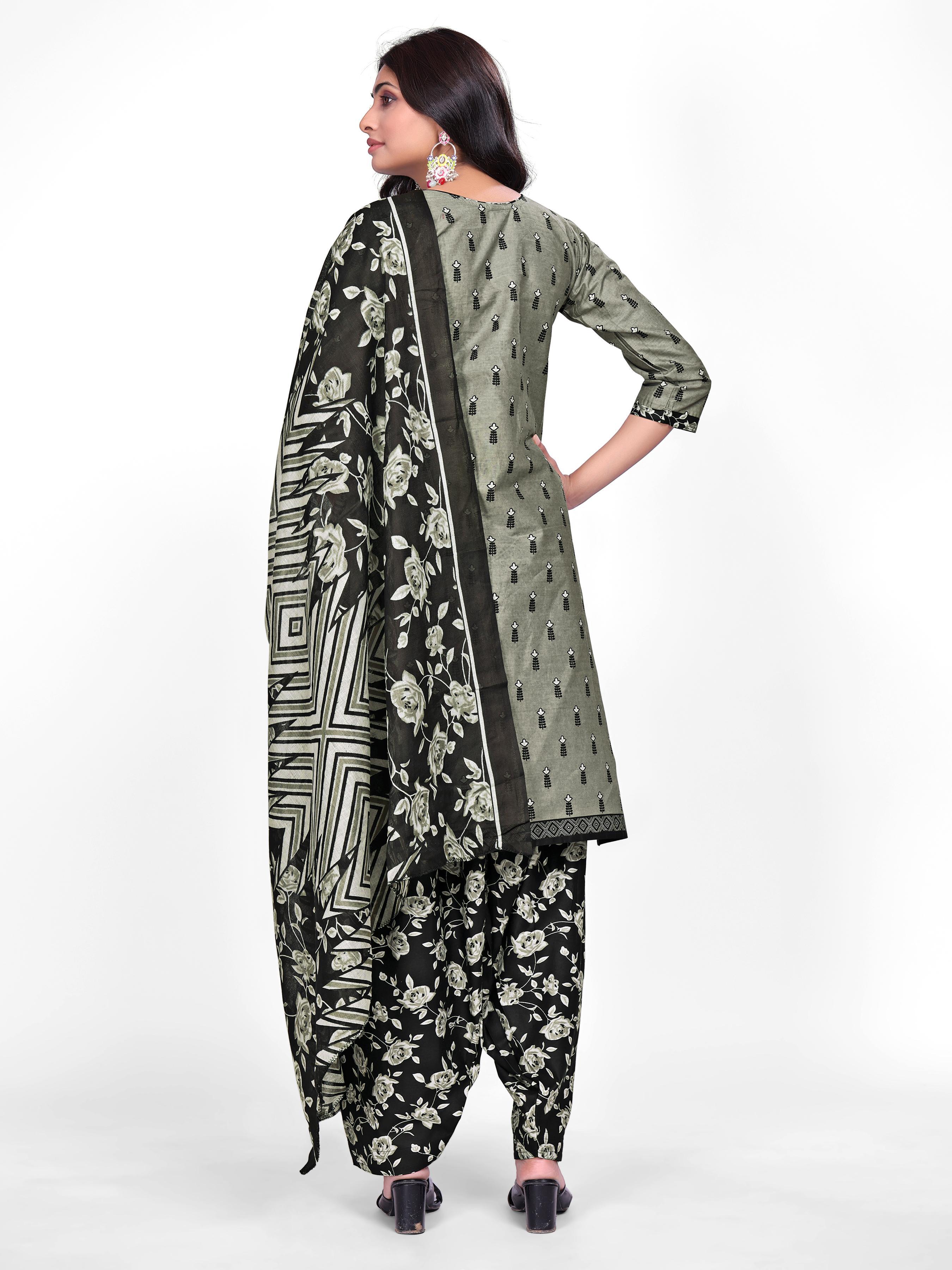 Olive Green & Black Printed Patiala Suit Set