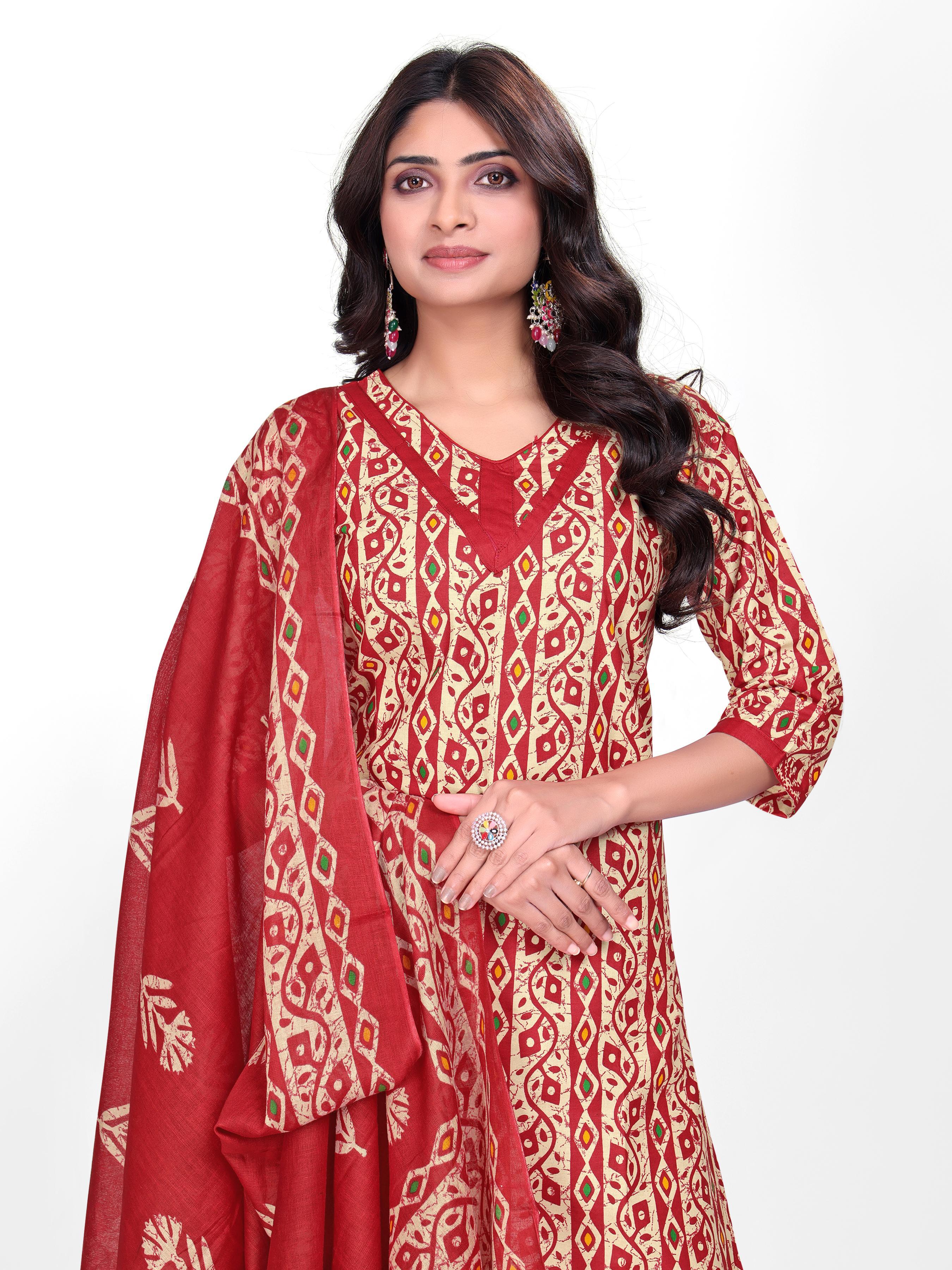 Red Traditional Print Patiala Suit Set