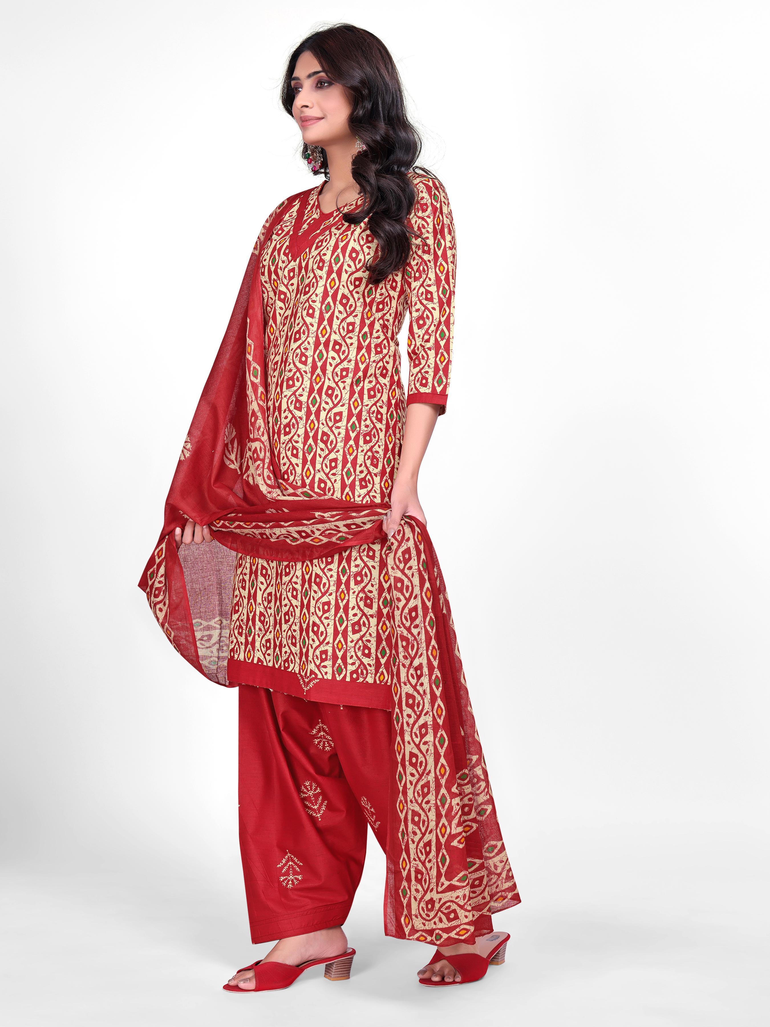 Red Traditional Print Patiala Suit Set