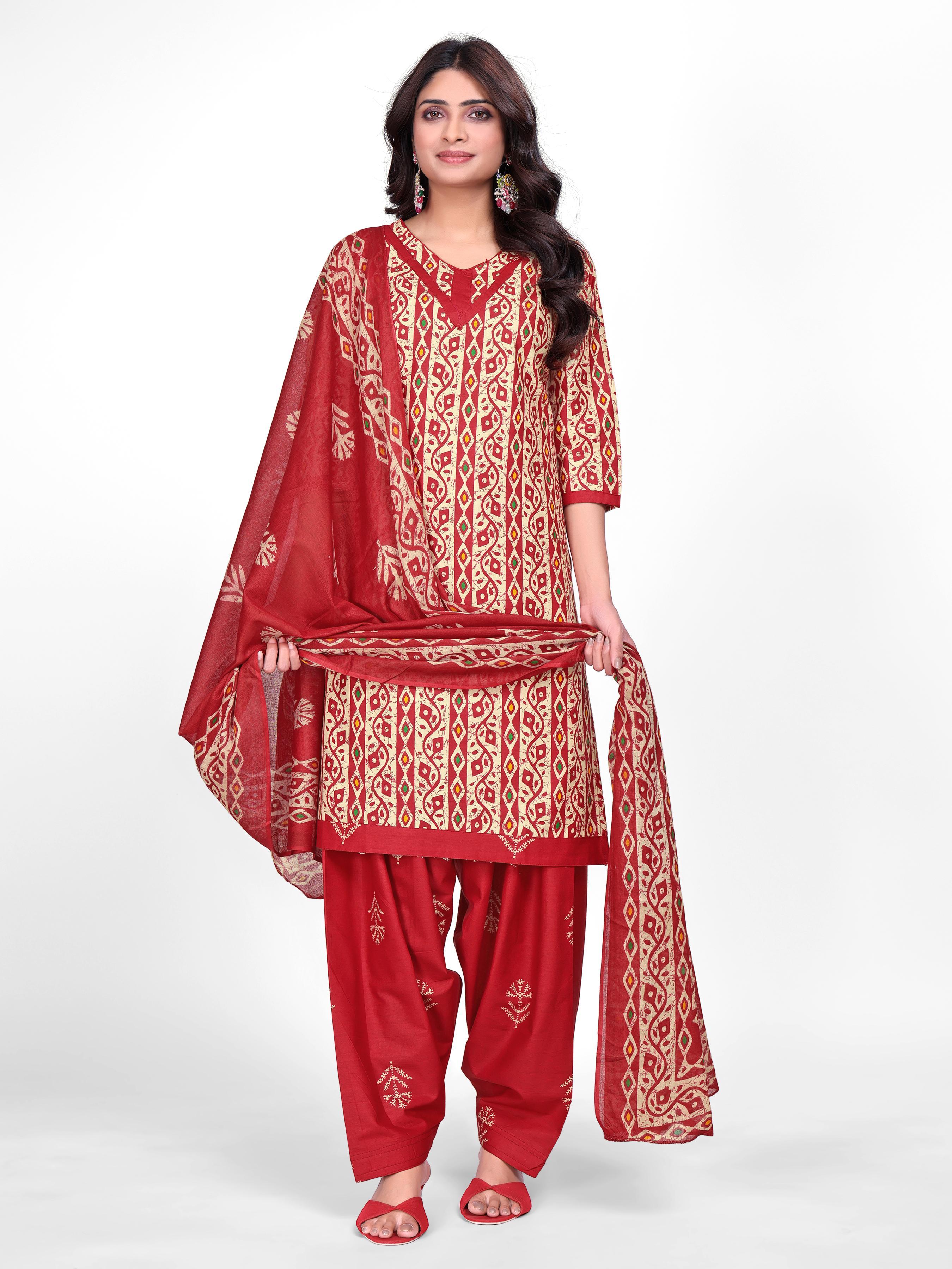Red Traditional Print Patiala Suit Set