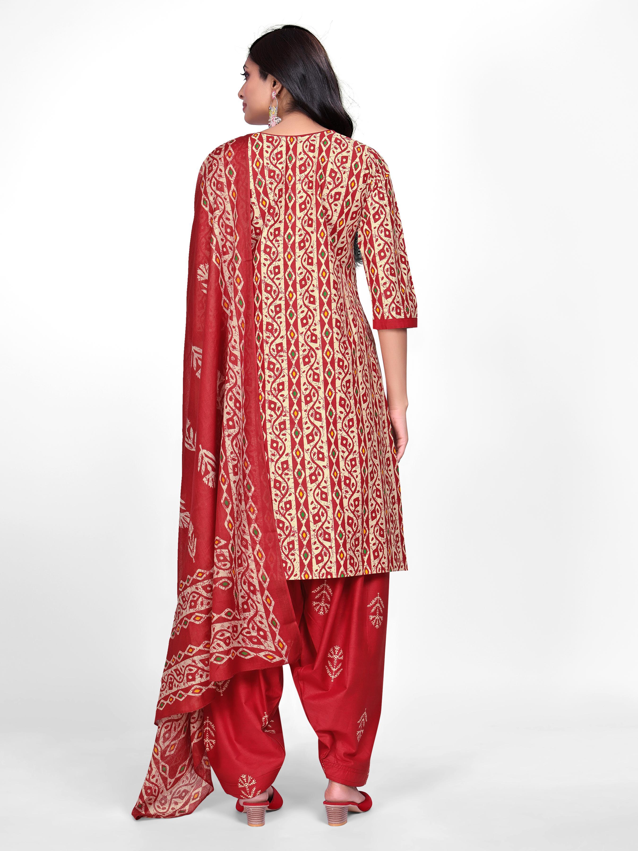 Red Traditional Print Patiala Suit Set