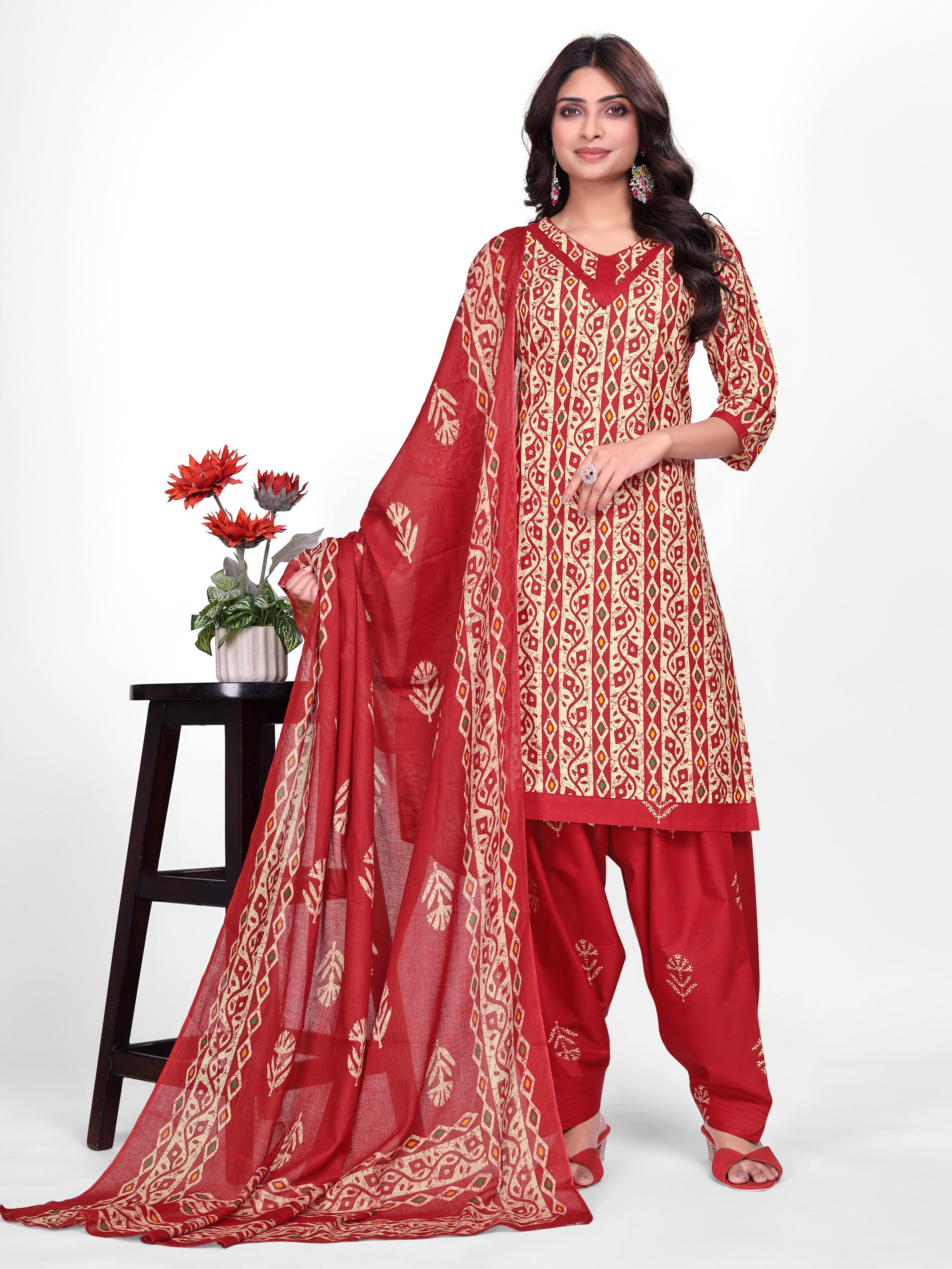 Red Traditional Print Patiala Suit Set