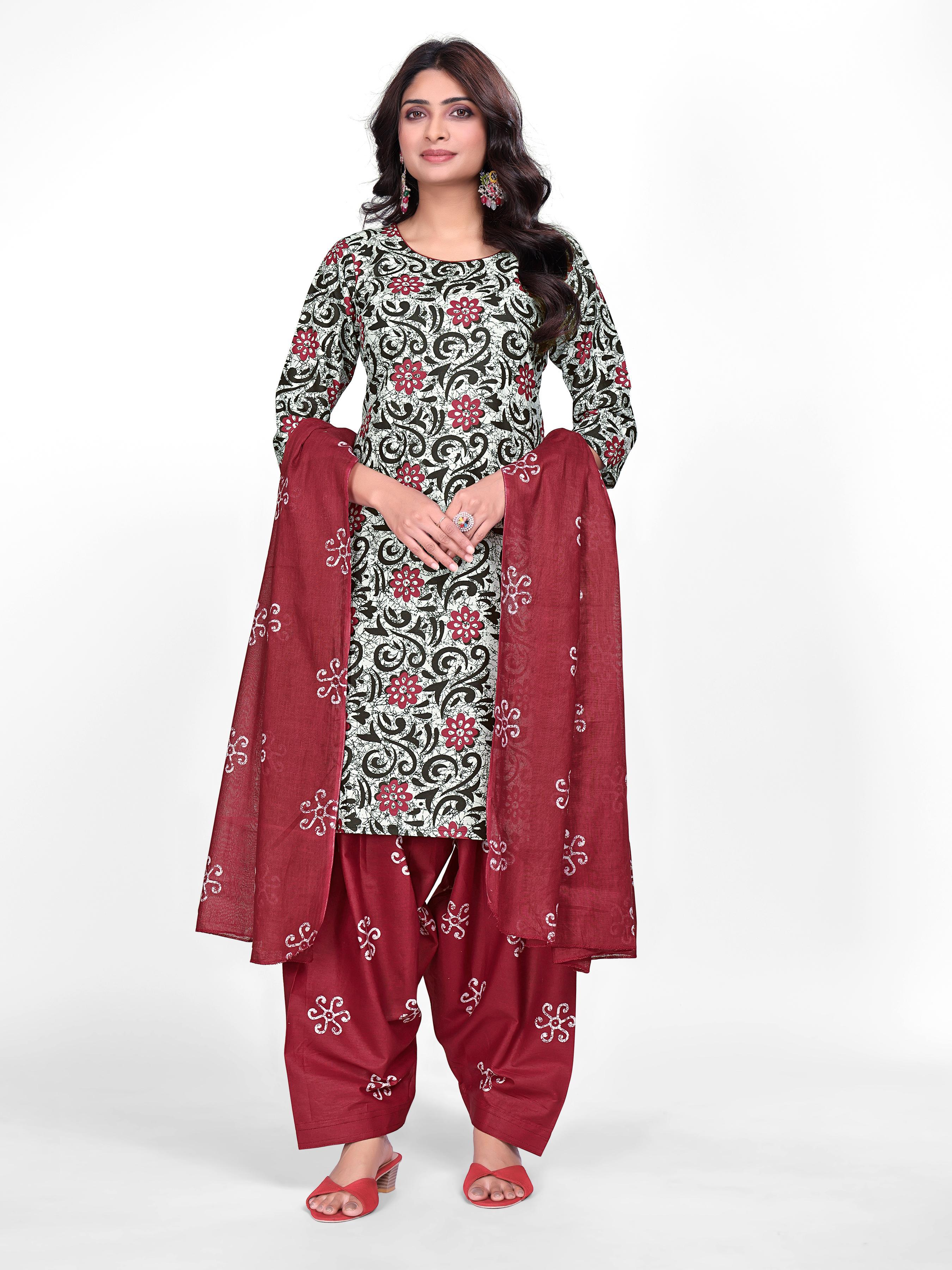 Black & Maroon Floral Print Patiala Suit Set