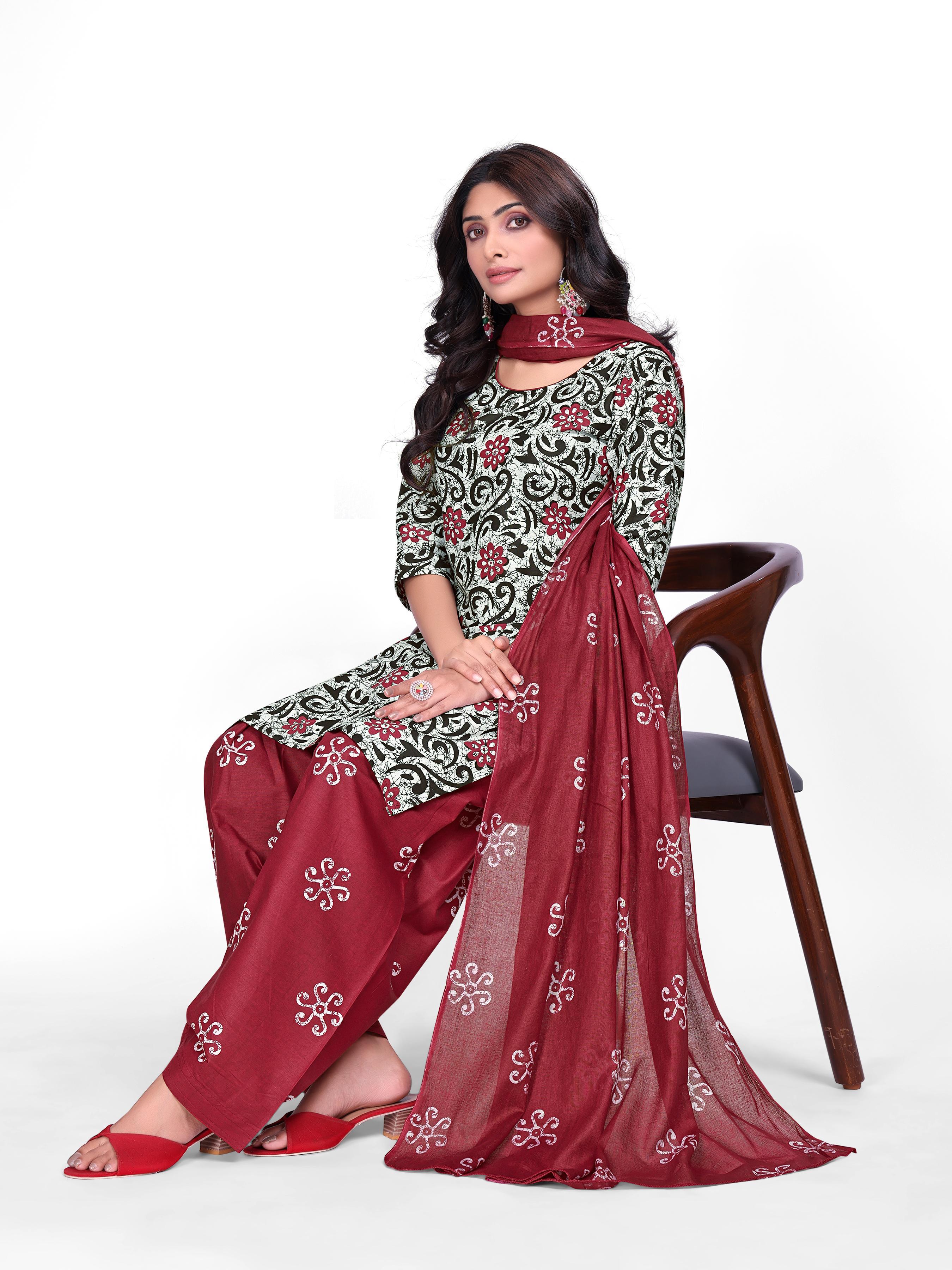 Black & Maroon Floral Print Patiala Suit Set