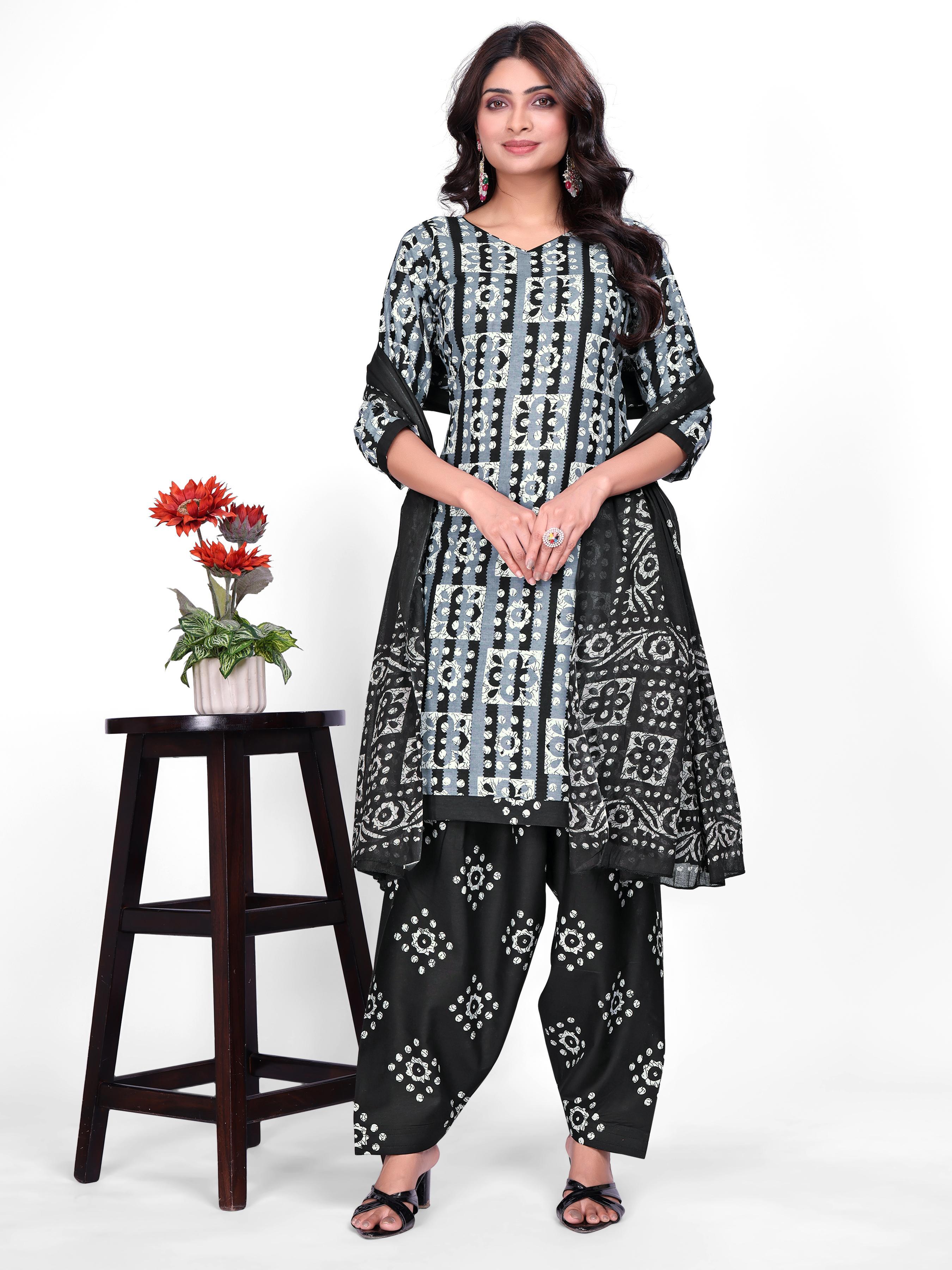 Black & Grey Printed Patiala Suit Set