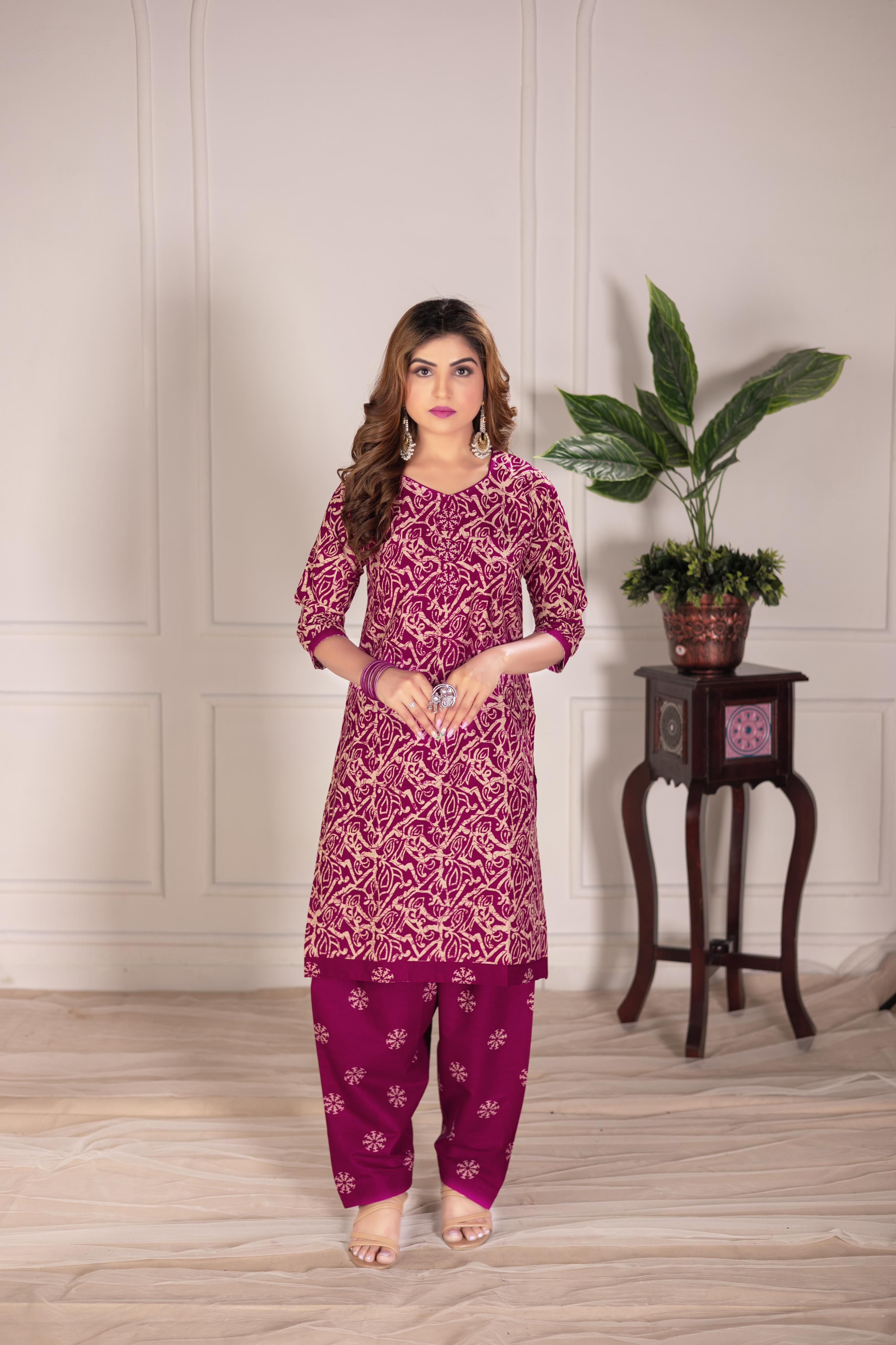 Magenta Traditional Print Patiala Suit Set