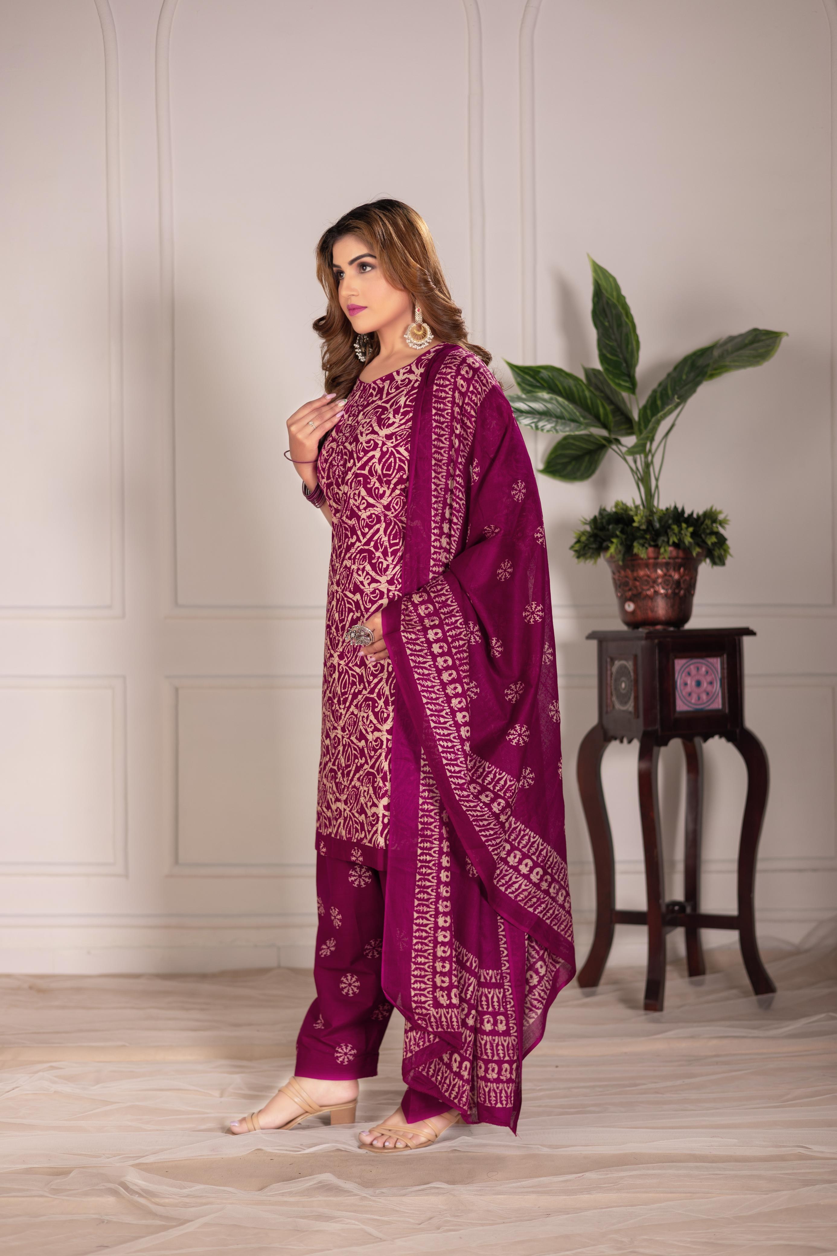 Magenta Traditional Print Patiala Suit Set