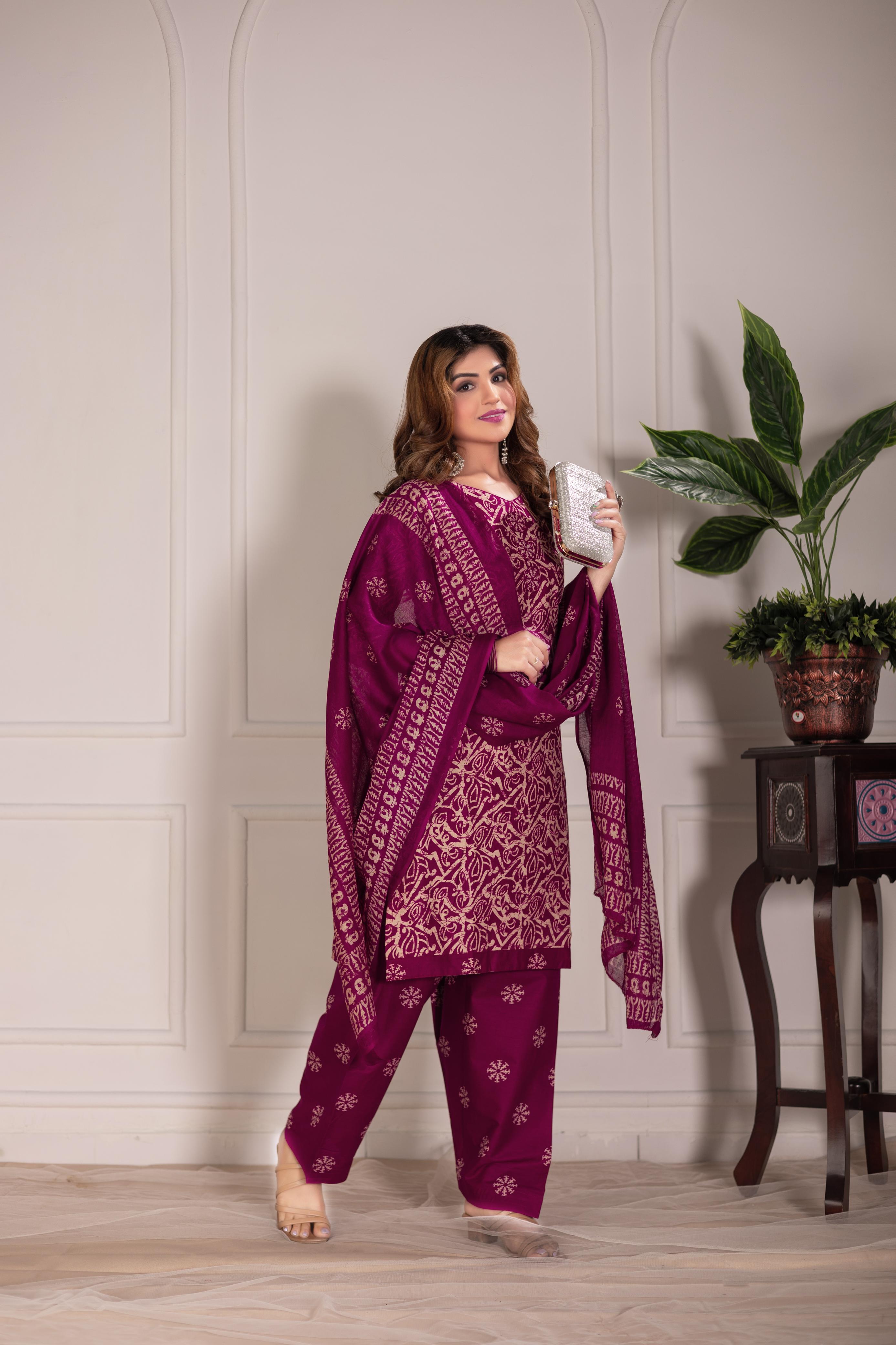 Magenta Traditional Print Patiala Suit Set