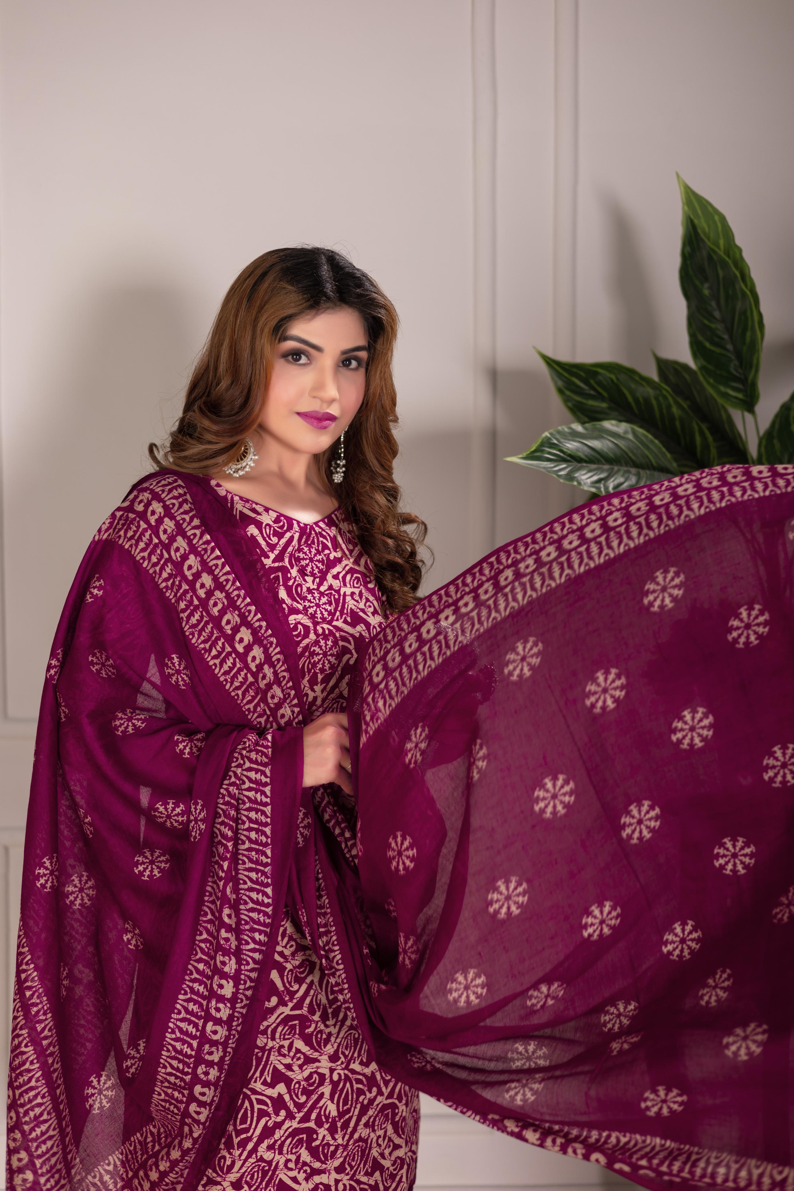 Magenta Traditional Print Patiala Suit Set
